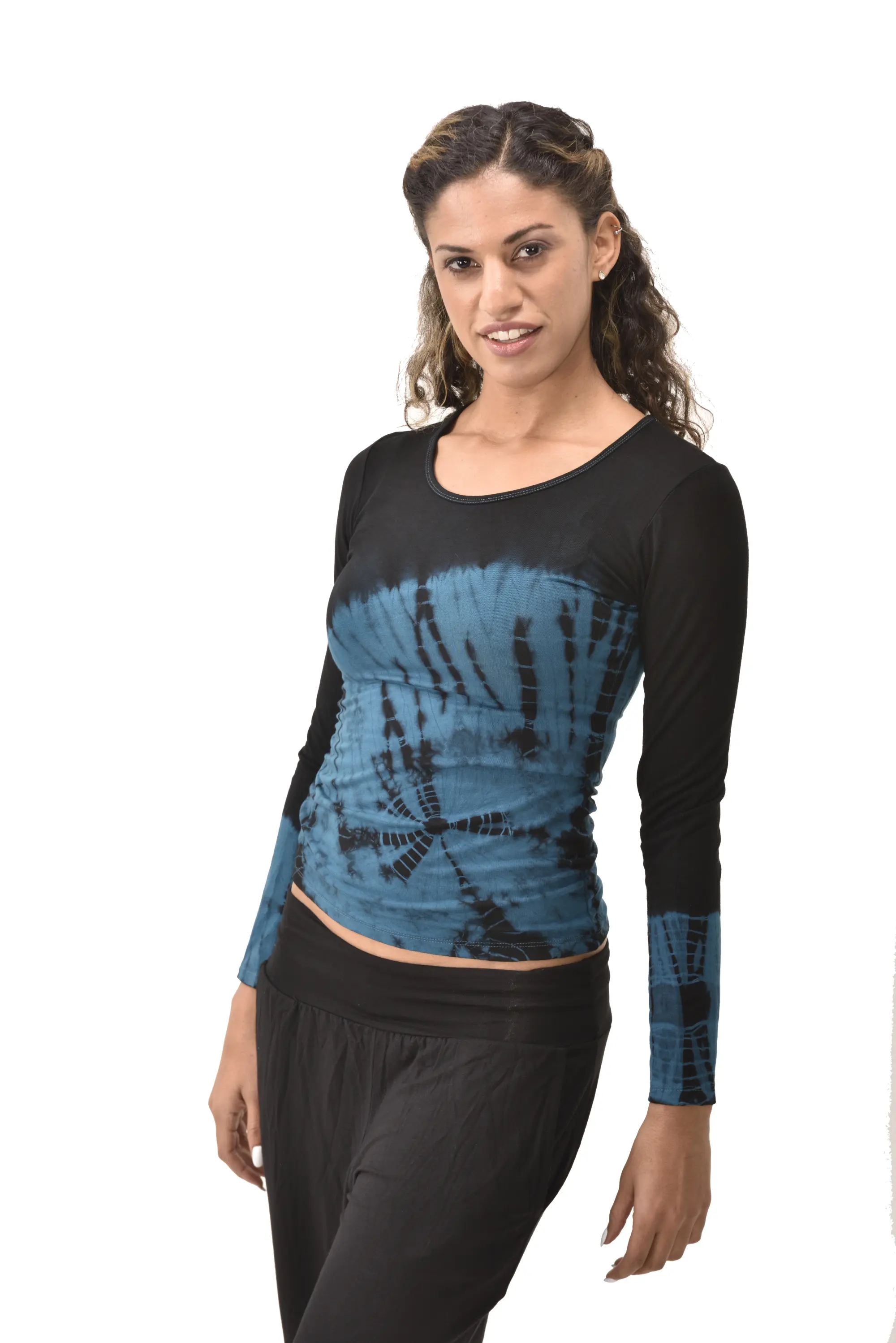 Top Long Sleeve hippy blouse mudmee Ikat style reverse hand painted Tie Dye on silky soft Spandex Rayon blended fabric festival tee