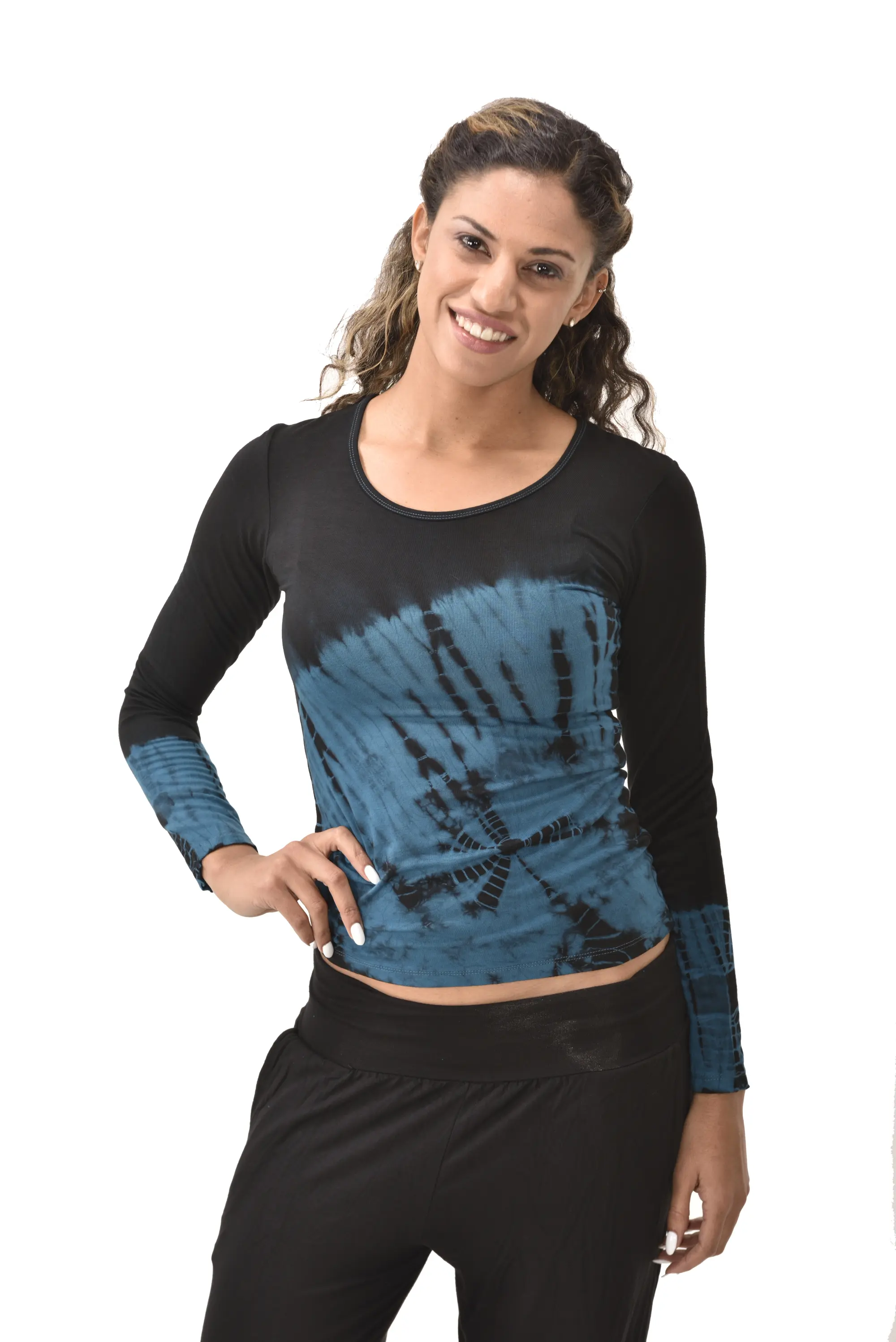 Top Long Sleeve hippy blouse mudmee Ikat style reverse hand painted Tie Dye on silky soft Spandex Rayon blended fabric festival tee