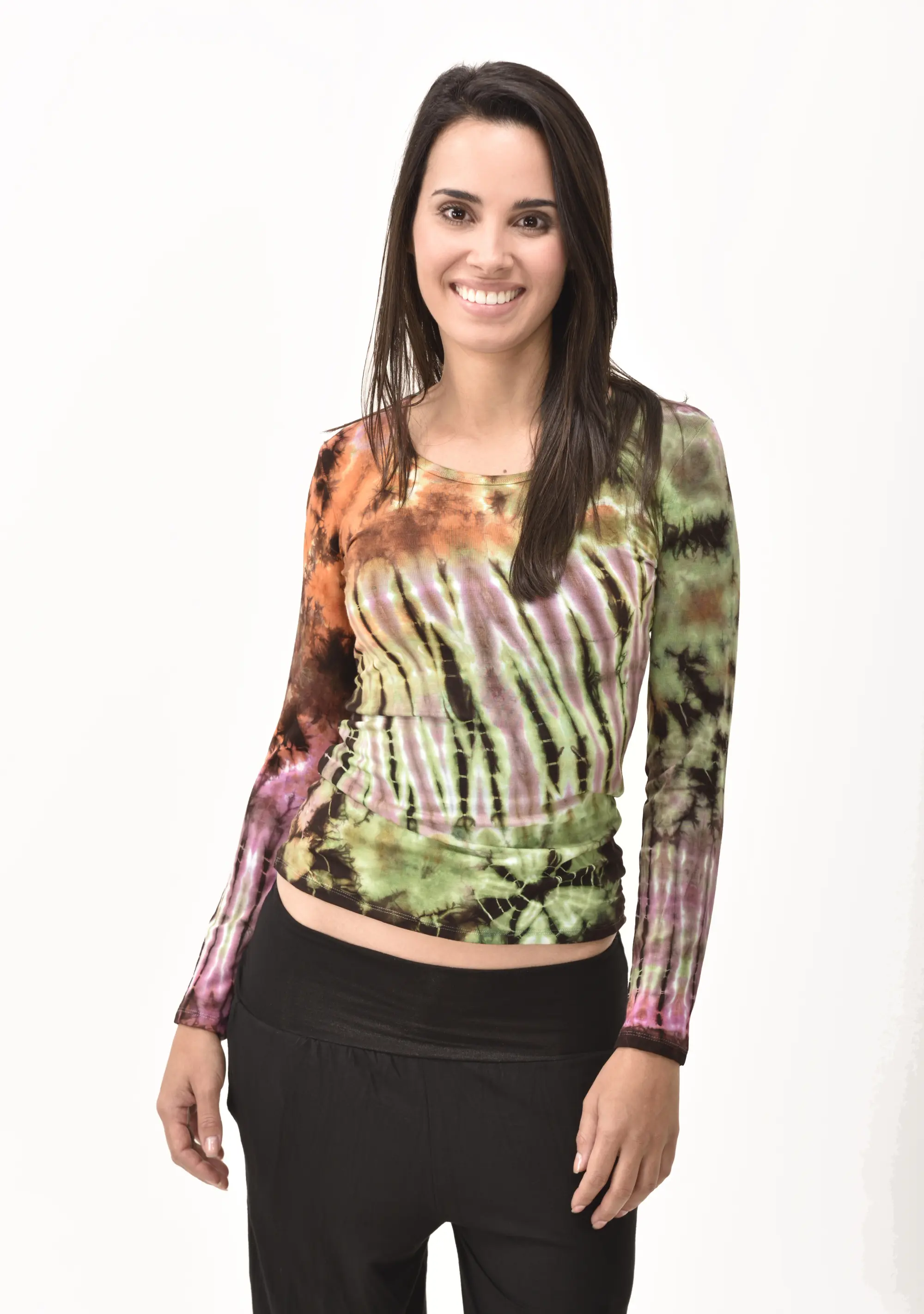 Top Long Sleeve hippy blouse mudmee Ikat style reverse hand painted Tie Dye on silky soft Spandex Rayon blended fabric festival tee