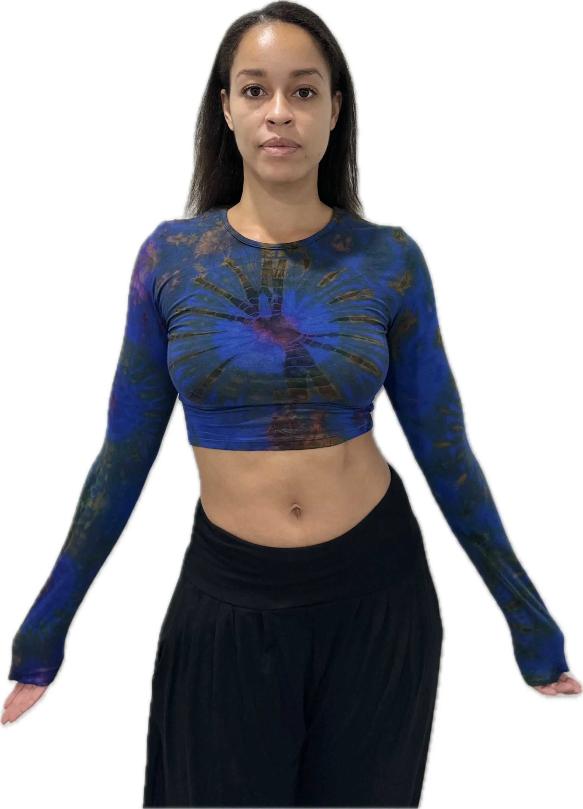 Top Long Sleeve crop top hippy blouse mudmee  reverse hand painted Tie Dye on silky soft Spandex Rayon blended fabric festival tee