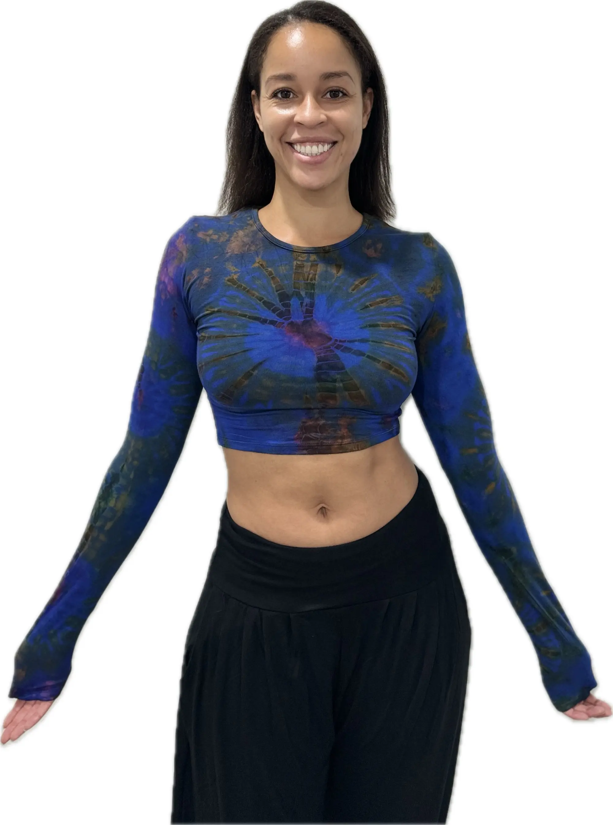 Top Long Sleeve crop top hippy blouse mudmee  reverse hand painted Tie Dye on silky soft Spandex Rayon blended fabric festival tee