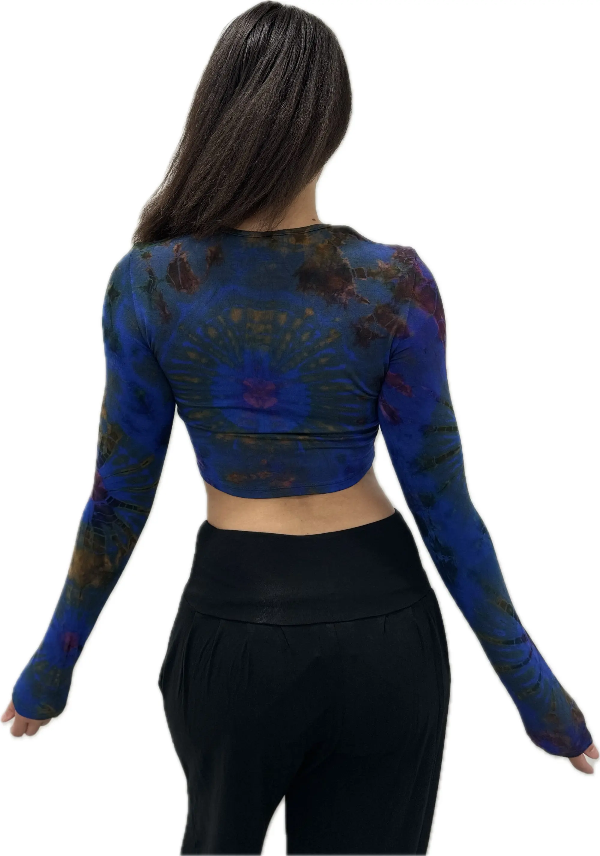 Top Long Sleeve crop top hippy blouse mudmee  reverse hand painted Tie Dye on silky soft Spandex Rayon blended fabric festival tee
