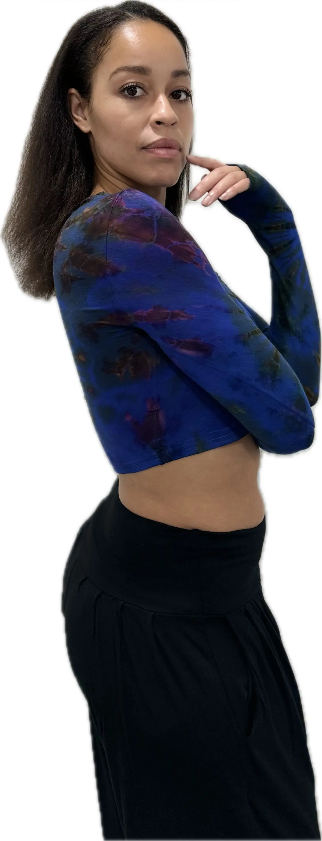 Top Long Sleeve crop top hippy blouse mudmee  reverse hand painted Tie Dye on silky soft Spandex Rayon blended fabric festival tee