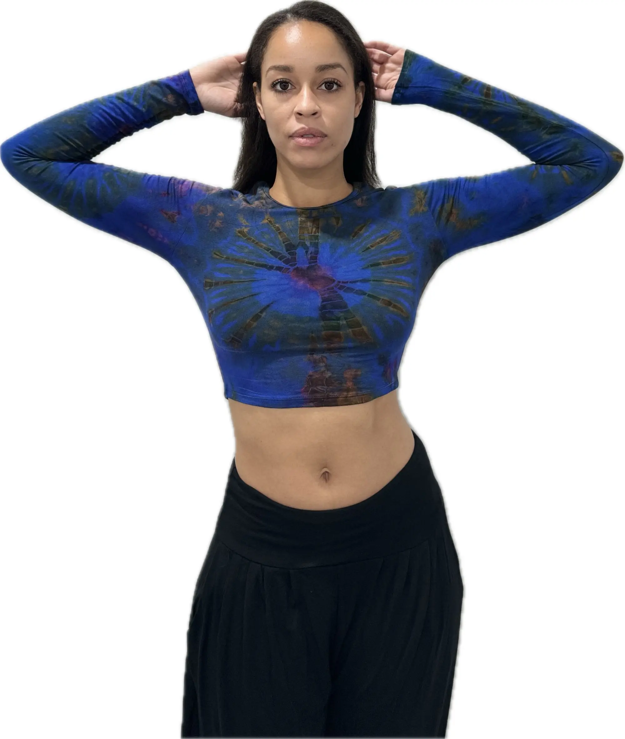 Top Long Sleeve crop top hippy blouse mudmee  reverse hand painted Tie Dye on silky soft Spandex Rayon blended fabric festival tee