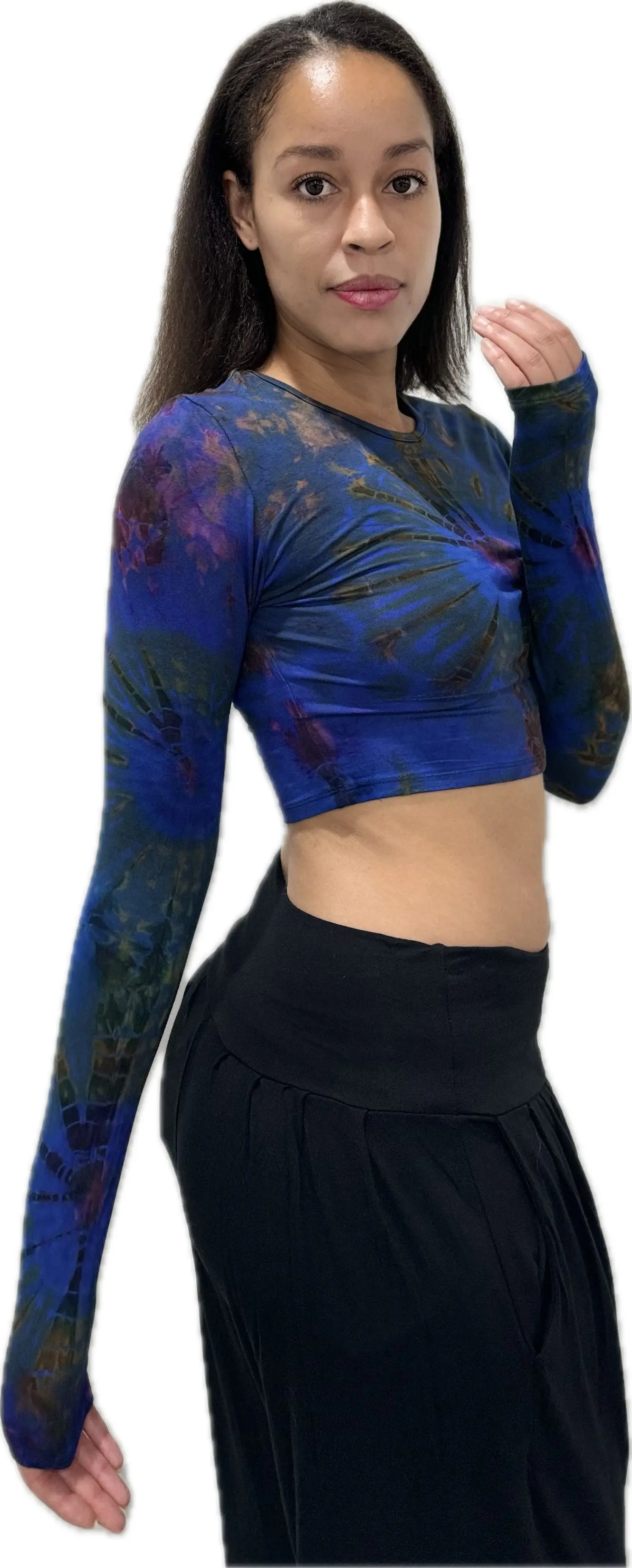 Top Long Sleeve crop top hippy blouse mudmee  reverse hand painted Tie Dye on silky soft Spandex Rayon blended fabric festival tee
