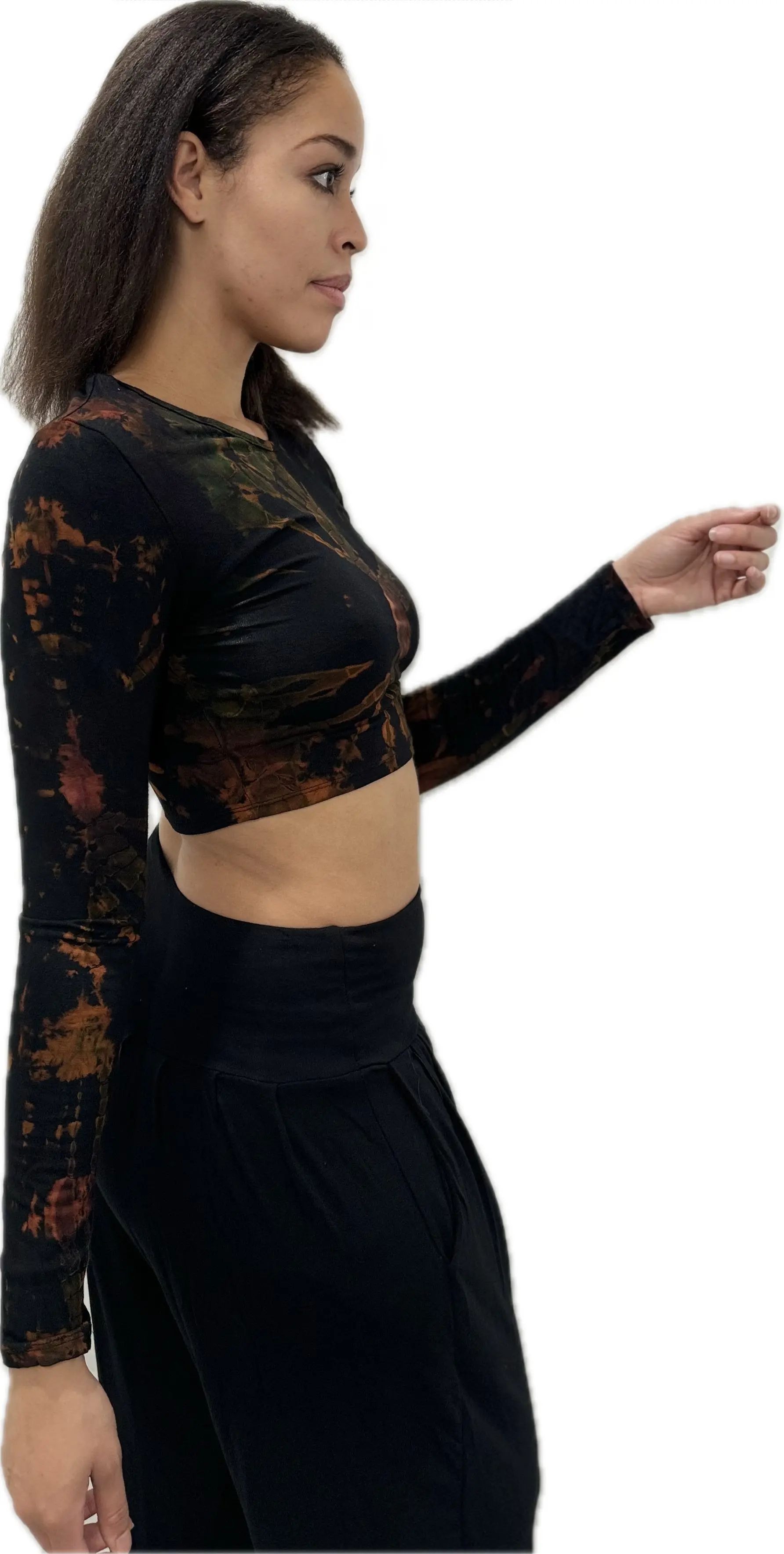 Top Long Sleeve crop top hippy blouse mudmee  reverse hand painted Tie Dye on silky soft Spandex Rayon blended fabric festival tee