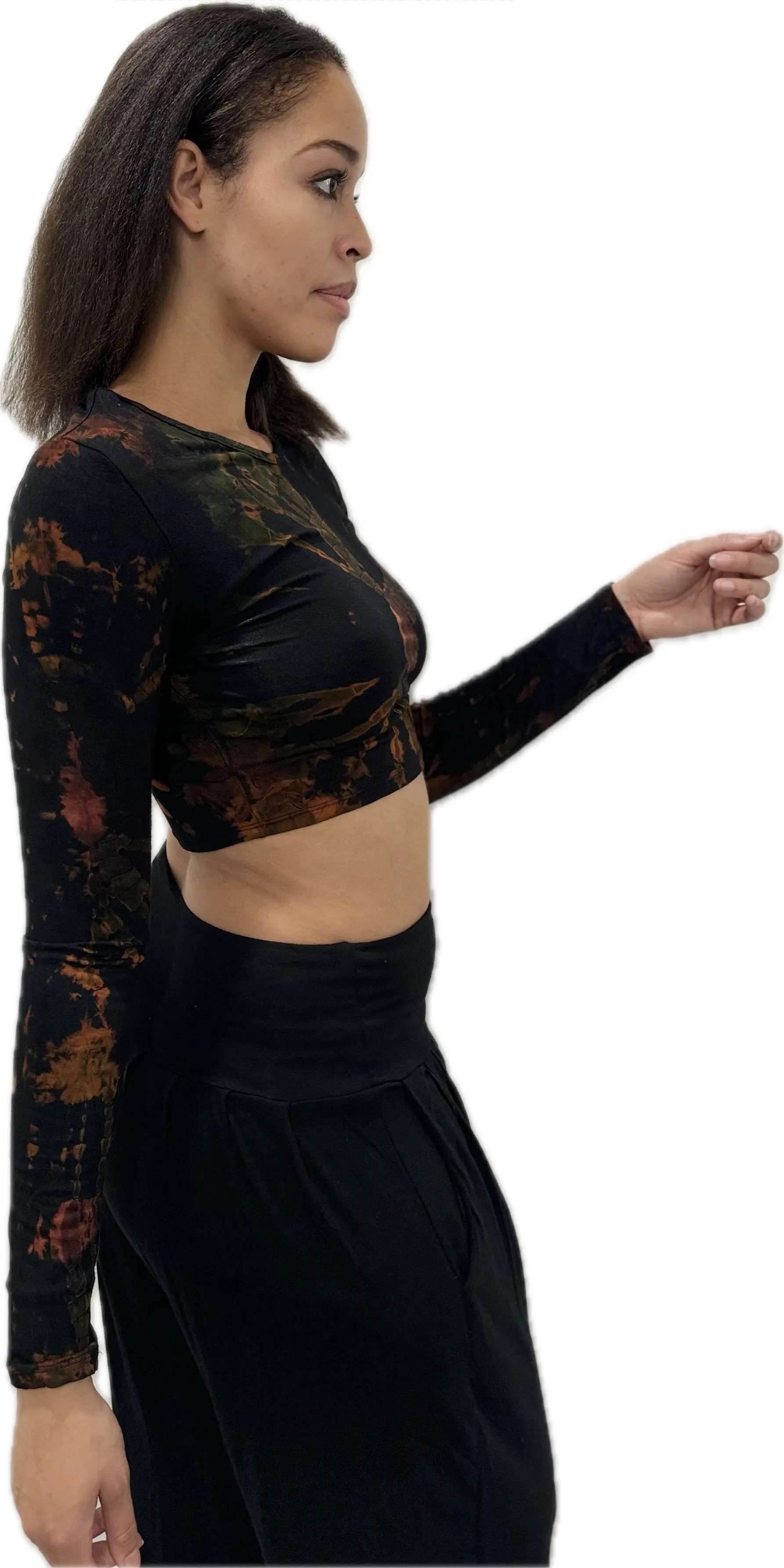 Top Long Sleeve crop top hippy blouse mudmee  reverse hand painted Tie Dye on silky soft Spandex Rayon blended fabric festival tee