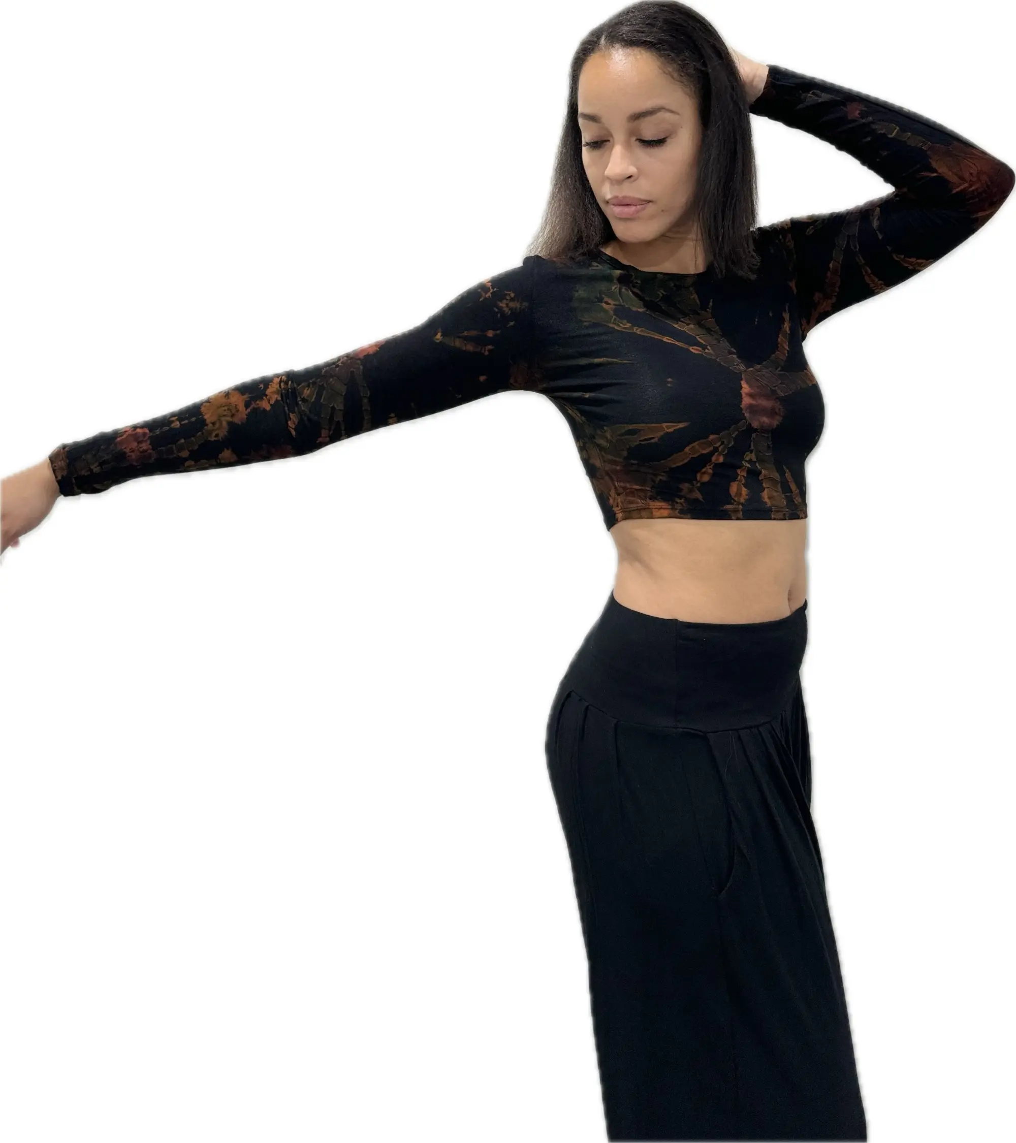 Top Long Sleeve crop top hippy blouse mudmee  reverse hand painted Tie Dye on silky soft Spandex Rayon blended fabric festival tee