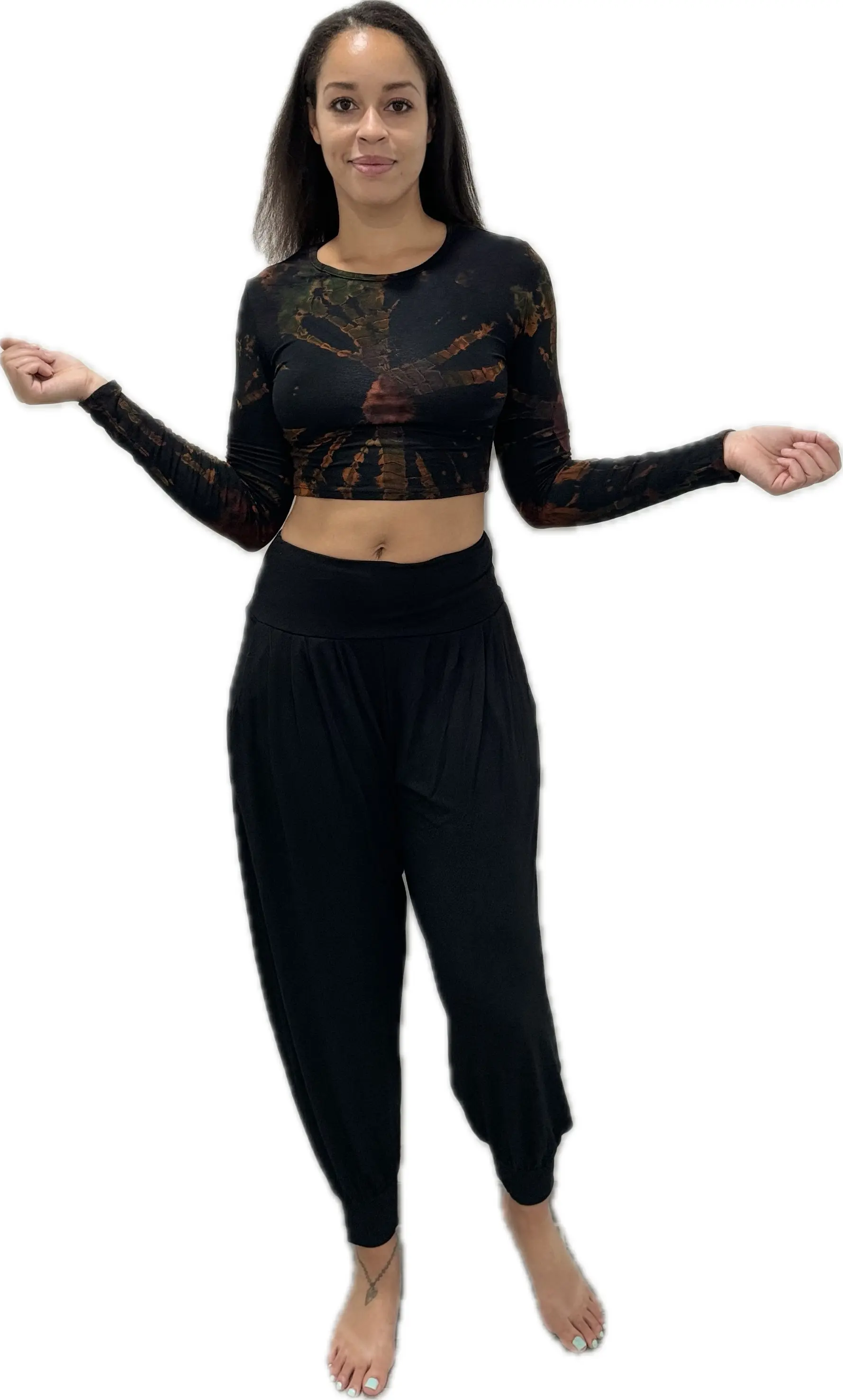 Top Long Sleeve crop top hippy blouse mudmee  reverse hand painted Tie Dye on silky soft Spandex Rayon blended fabric festival tee