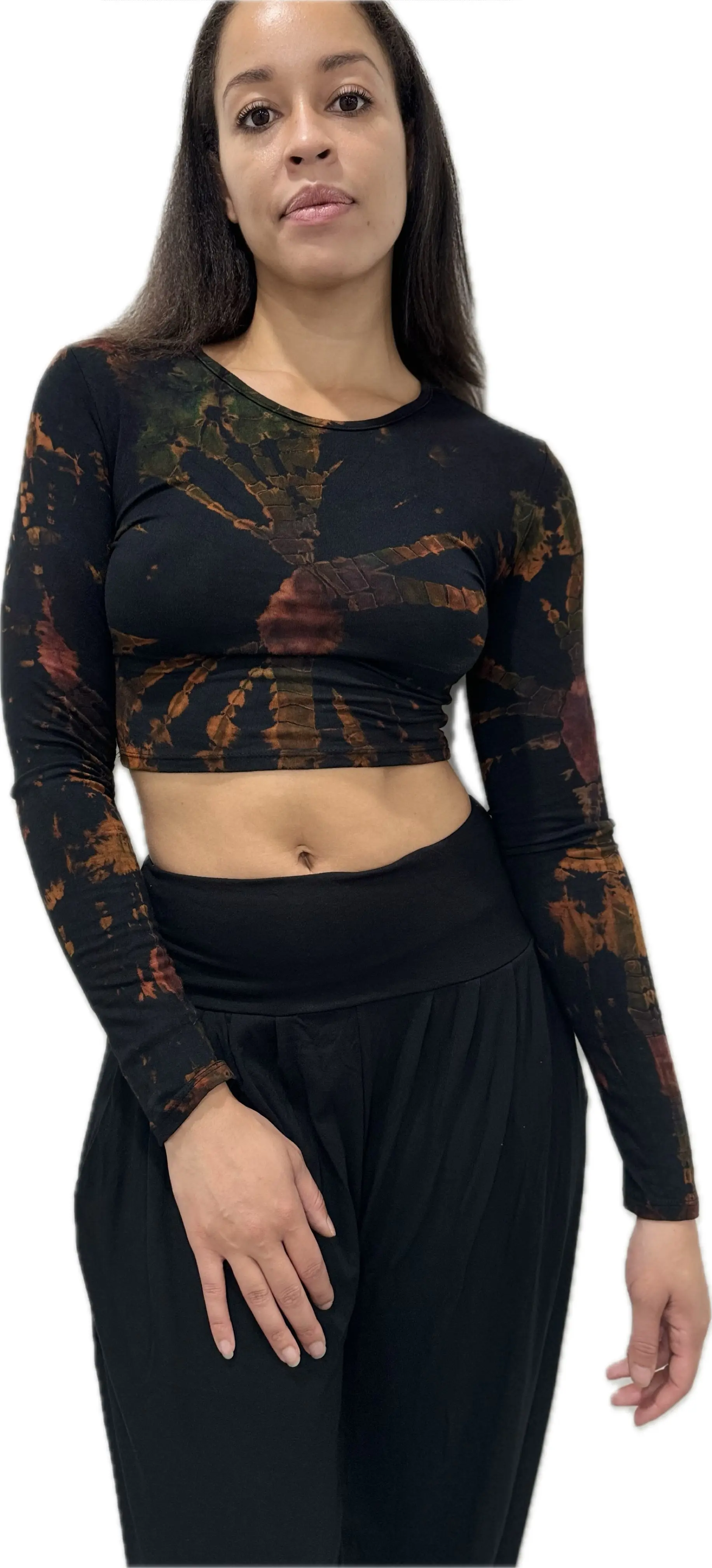 Top Long Sleeve crop top hippy blouse mudmee  reverse hand painted Tie Dye on silky soft Spandex Rayon blended fabric festival tee
