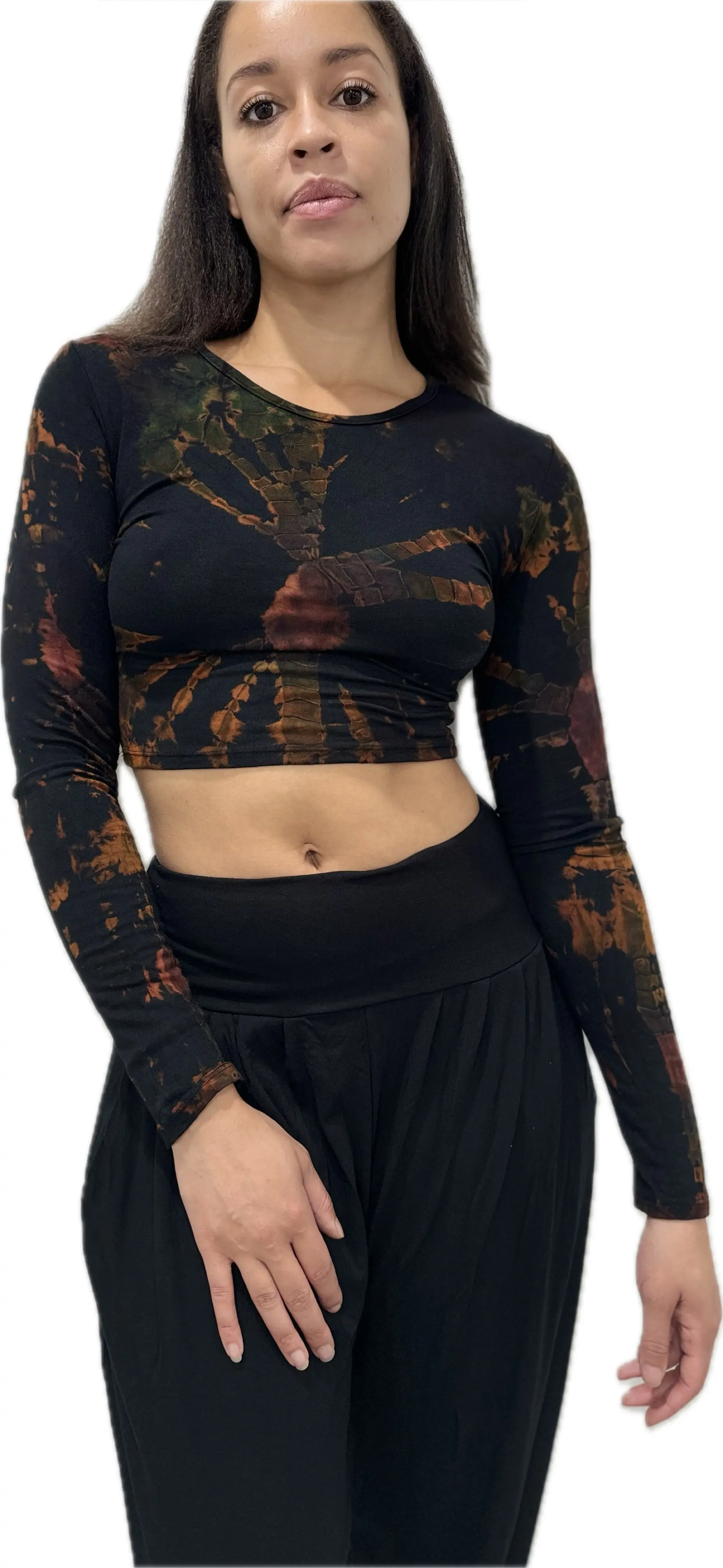 Top Long Sleeve crop top hippy blouse mudmee  reverse hand painted Tie Dye on silky soft Spandex Rayon blended fabric festival tee