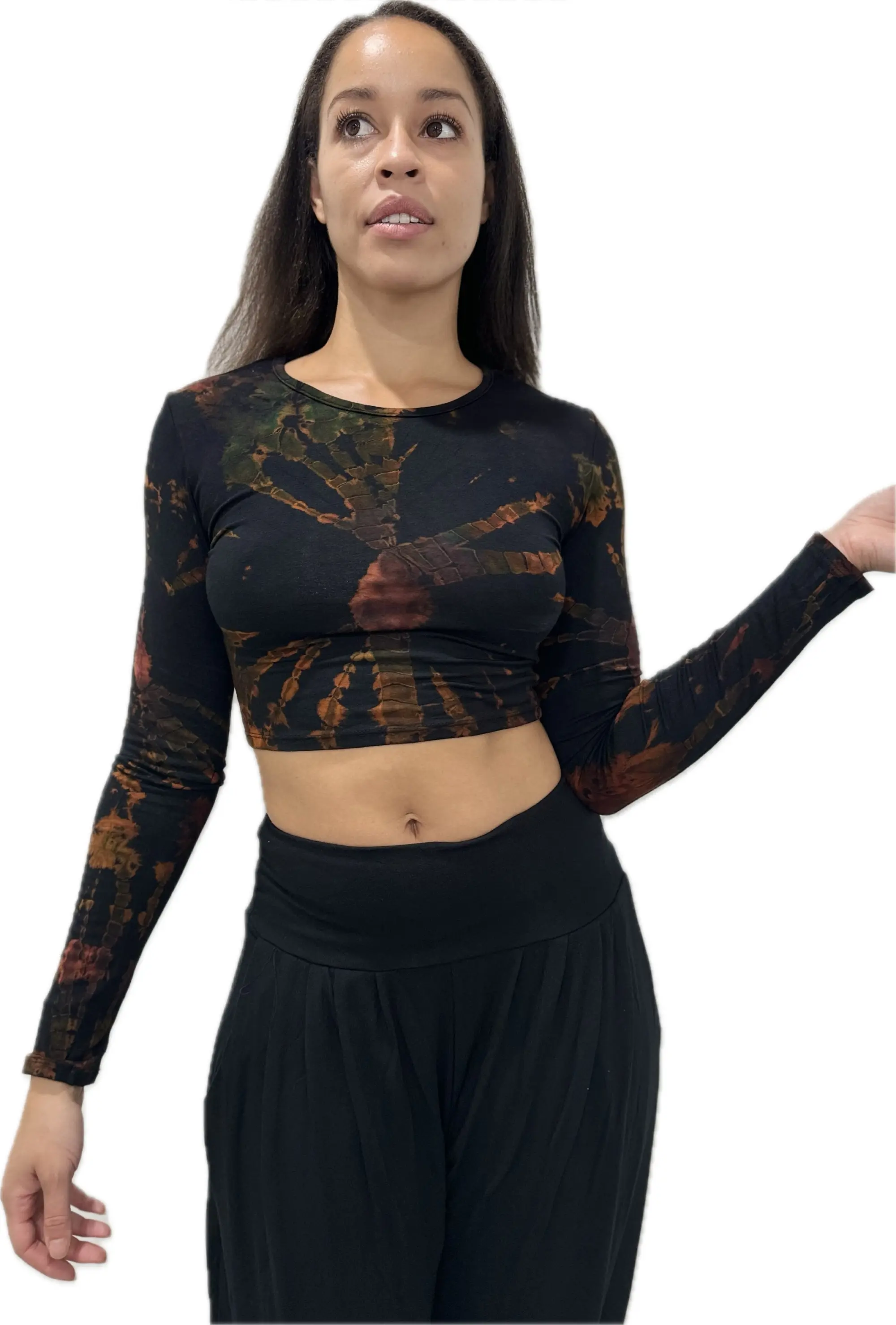 Top Long Sleeve crop top hippy blouse mudmee  reverse hand painted Tie Dye on silky soft Spandex Rayon blended fabric festival tee