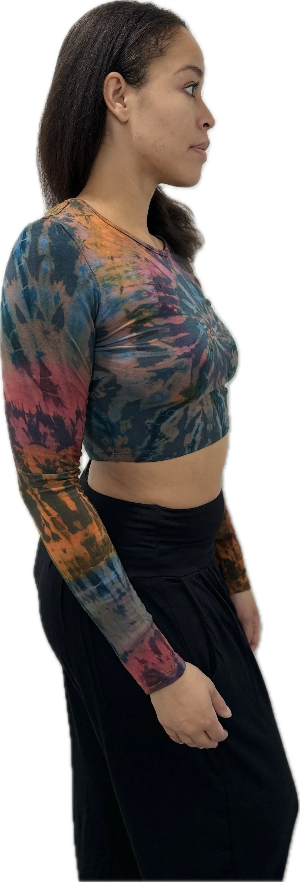 Top Long Sleeve crop top hippy blouse mudmee  reverse hand painted Tie Dye on silky soft Spandex Rayon blended fabric festival tee