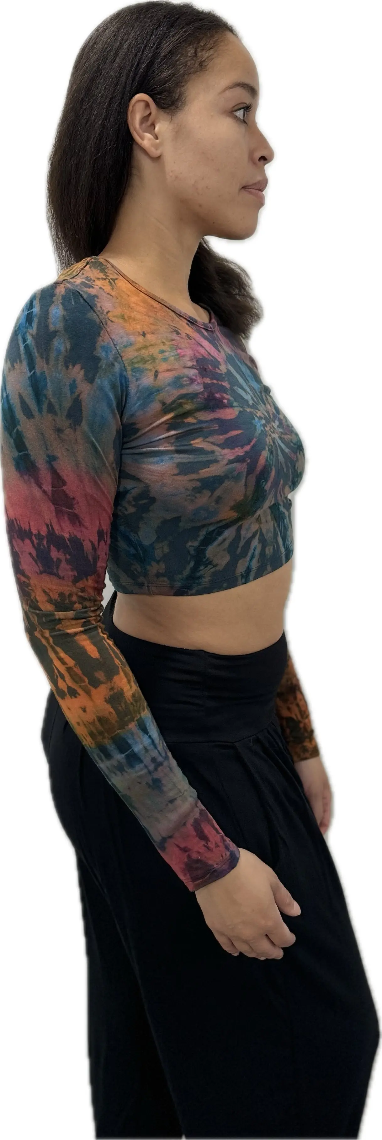 Top Long Sleeve crop top hippy blouse mudmee  reverse hand painted Tie Dye on silky soft Spandex Rayon blended fabric festival tee