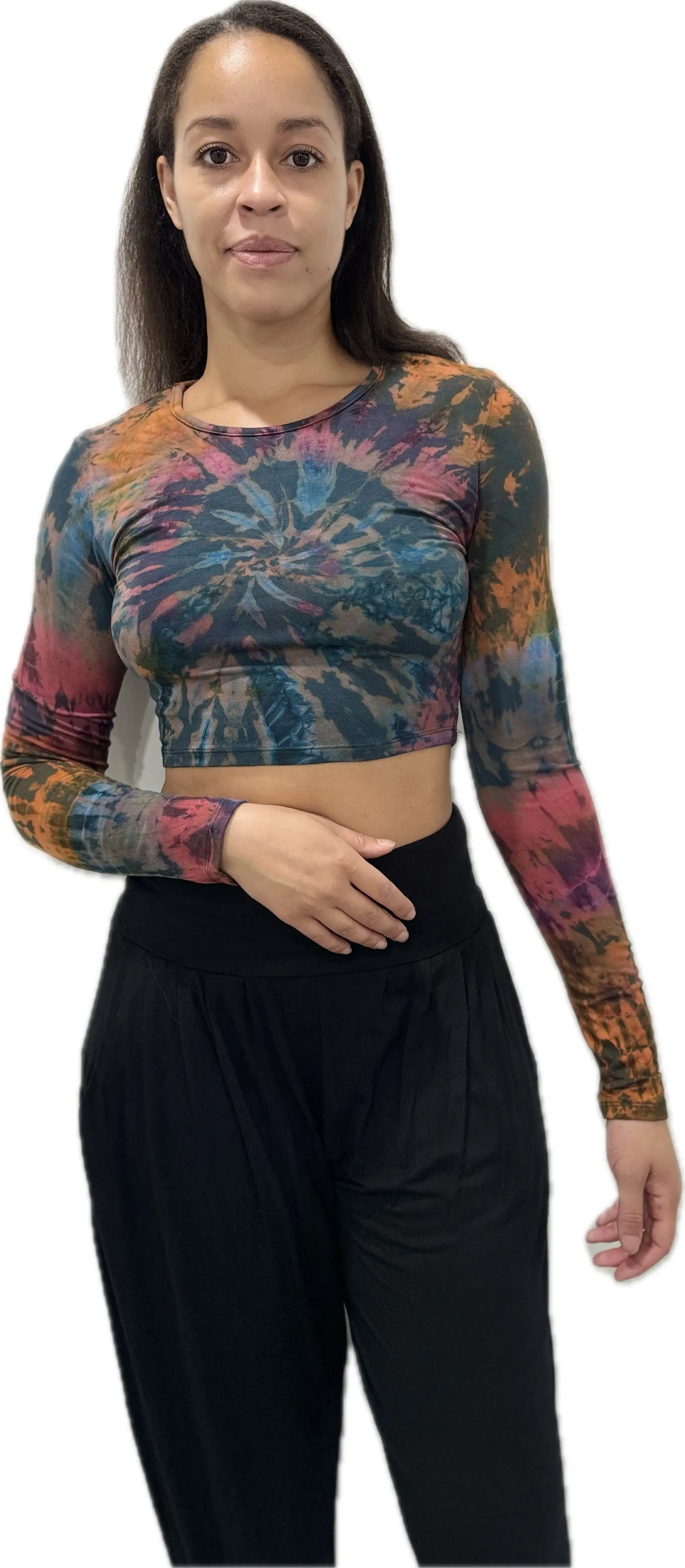 Top Long Sleeve crop top hippy blouse mudmee  reverse hand painted Tie Dye on silky soft Spandex Rayon blended fabric festival tee