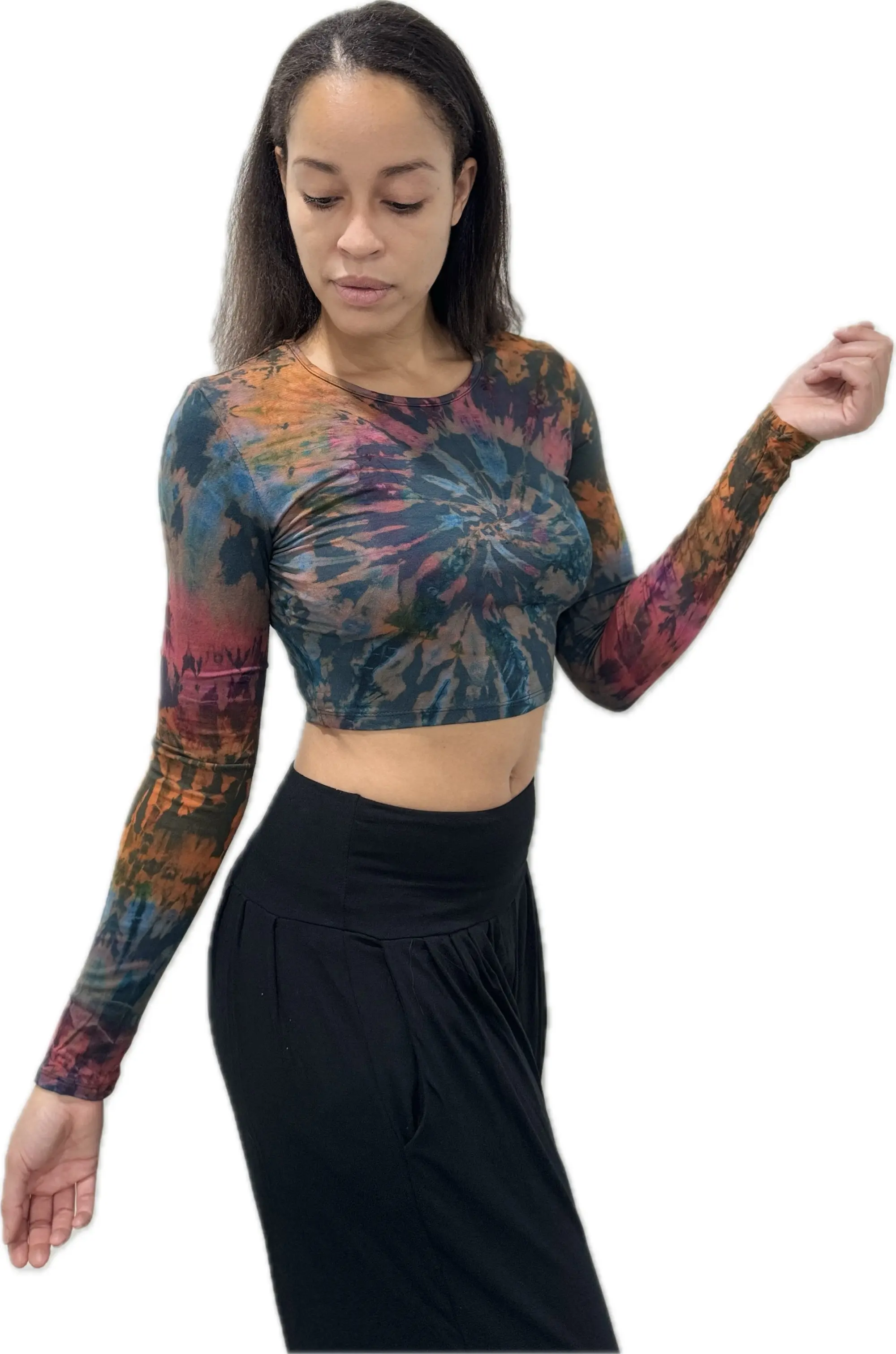 Top Long Sleeve crop top hippy blouse mudmee  reverse hand painted Tie Dye on silky soft Spandex Rayon blended fabric festival tee