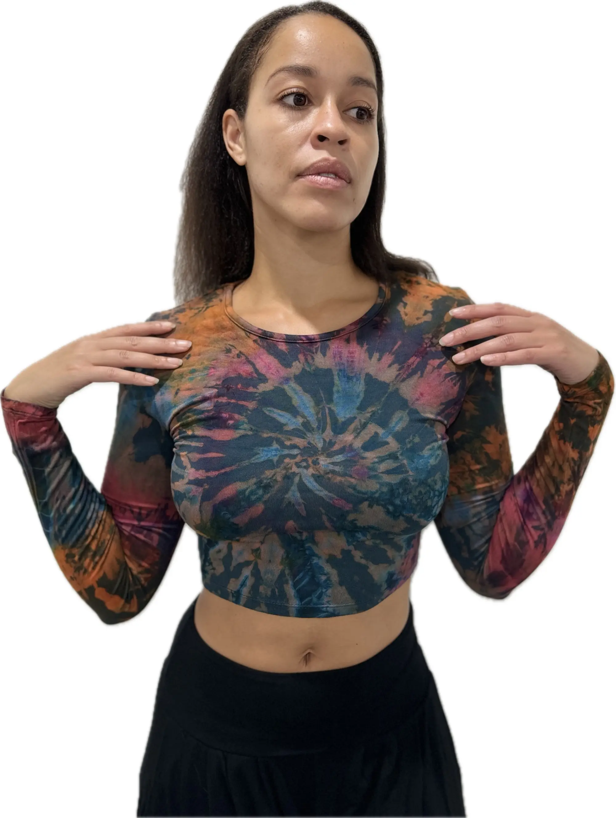 Top Long Sleeve crop top hippy blouse mudmee  reverse hand painted Tie Dye on silky soft Spandex Rayon blended fabric festival tee