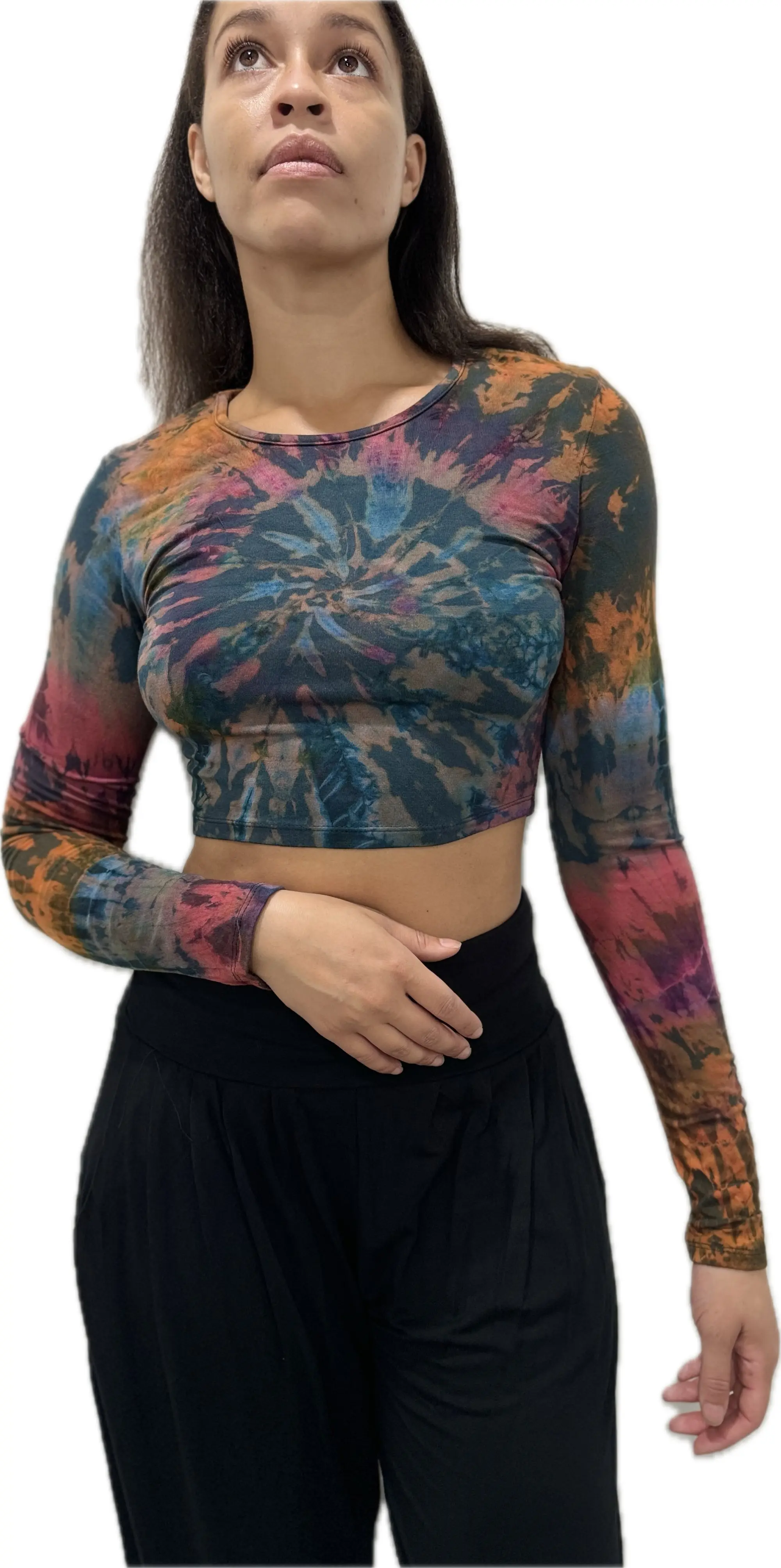 Top Long Sleeve crop top hippy blouse mudmee  reverse hand painted Tie Dye on silky soft Spandex Rayon blended fabric festival tee