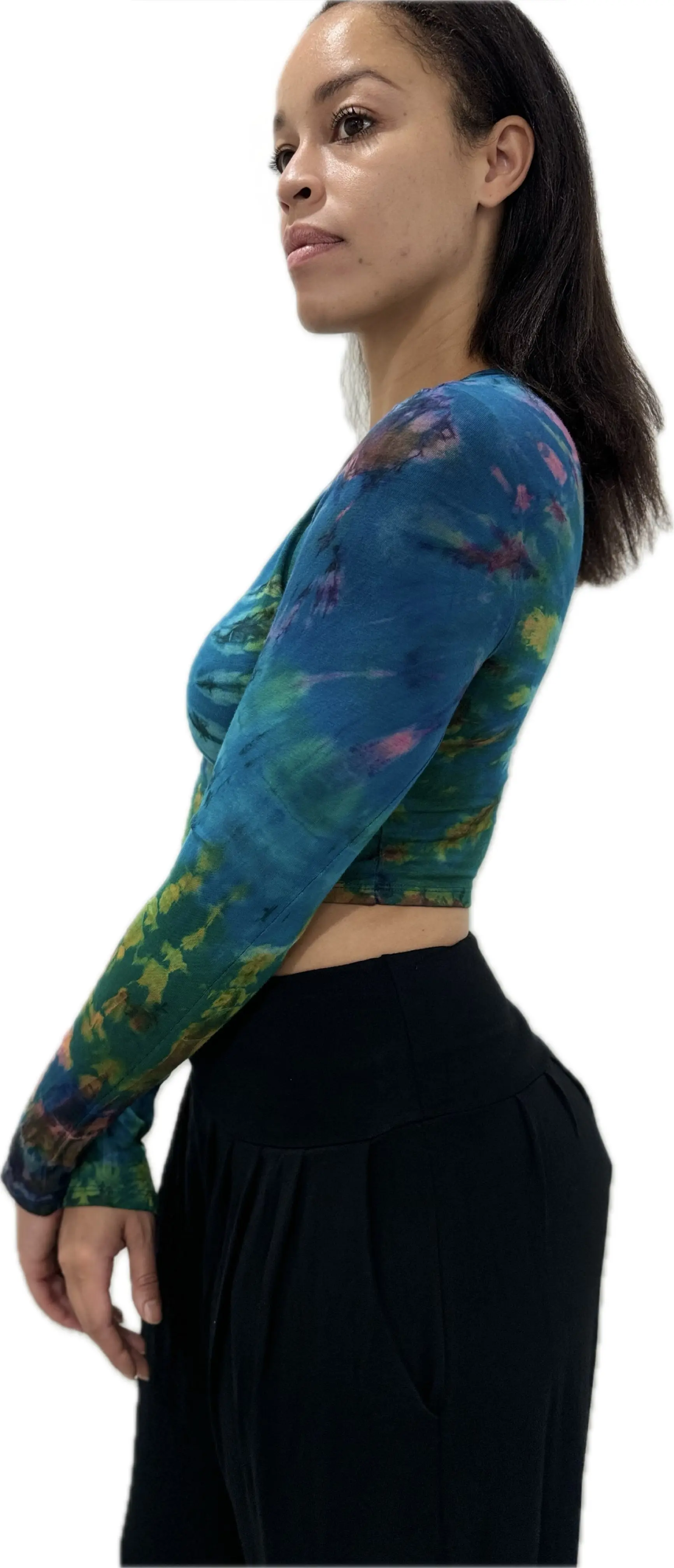 Top Long Sleeve crop top hippy blouse mudmee  reverse hand painted Tie Dye on silky soft Spandex Rayon blended fabric festival tee
