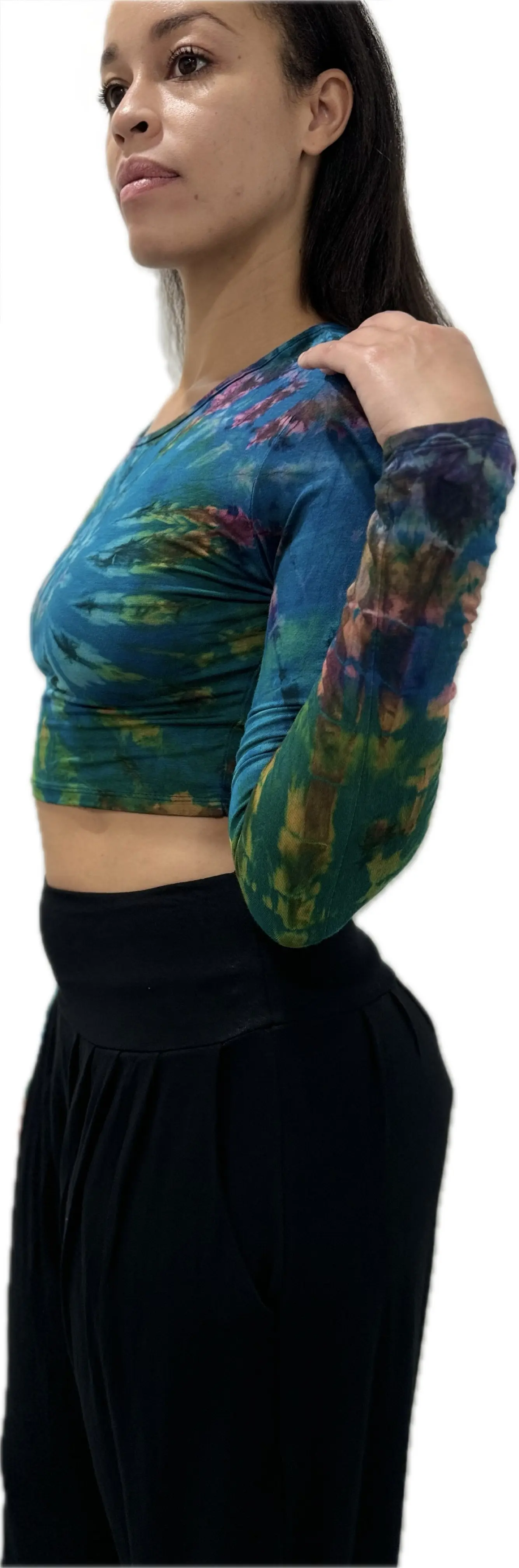 Top Long Sleeve crop top hippy blouse mudmee  reverse hand painted Tie Dye on silky soft Spandex Rayon blended fabric festival tee