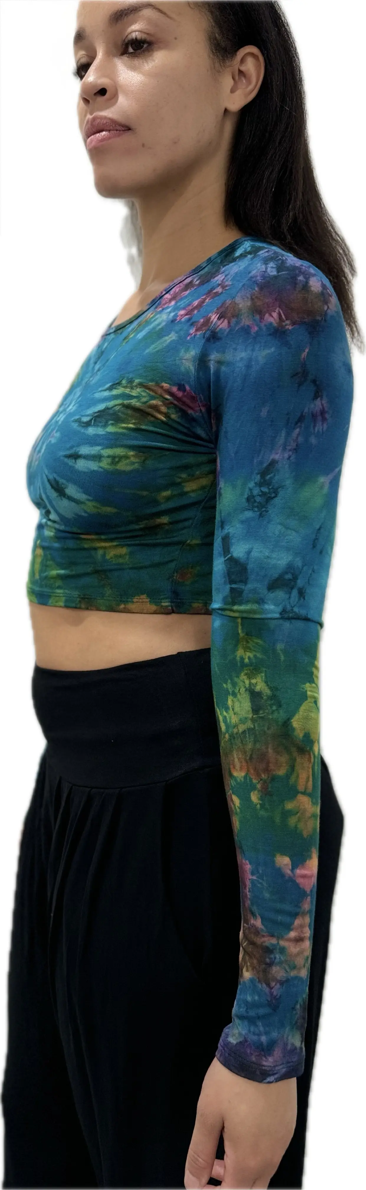 Top Long Sleeve crop top hippy blouse mudmee  reverse hand painted Tie Dye on silky soft Spandex Rayon blended fabric festival tee