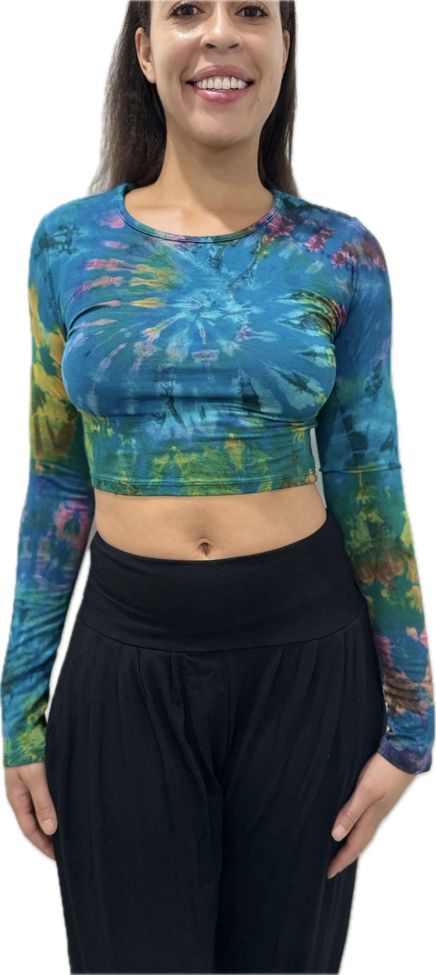 Top Long Sleeve crop top hippy blouse mudmee  reverse hand painted Tie Dye on silky soft Spandex Rayon blended fabric festival tee