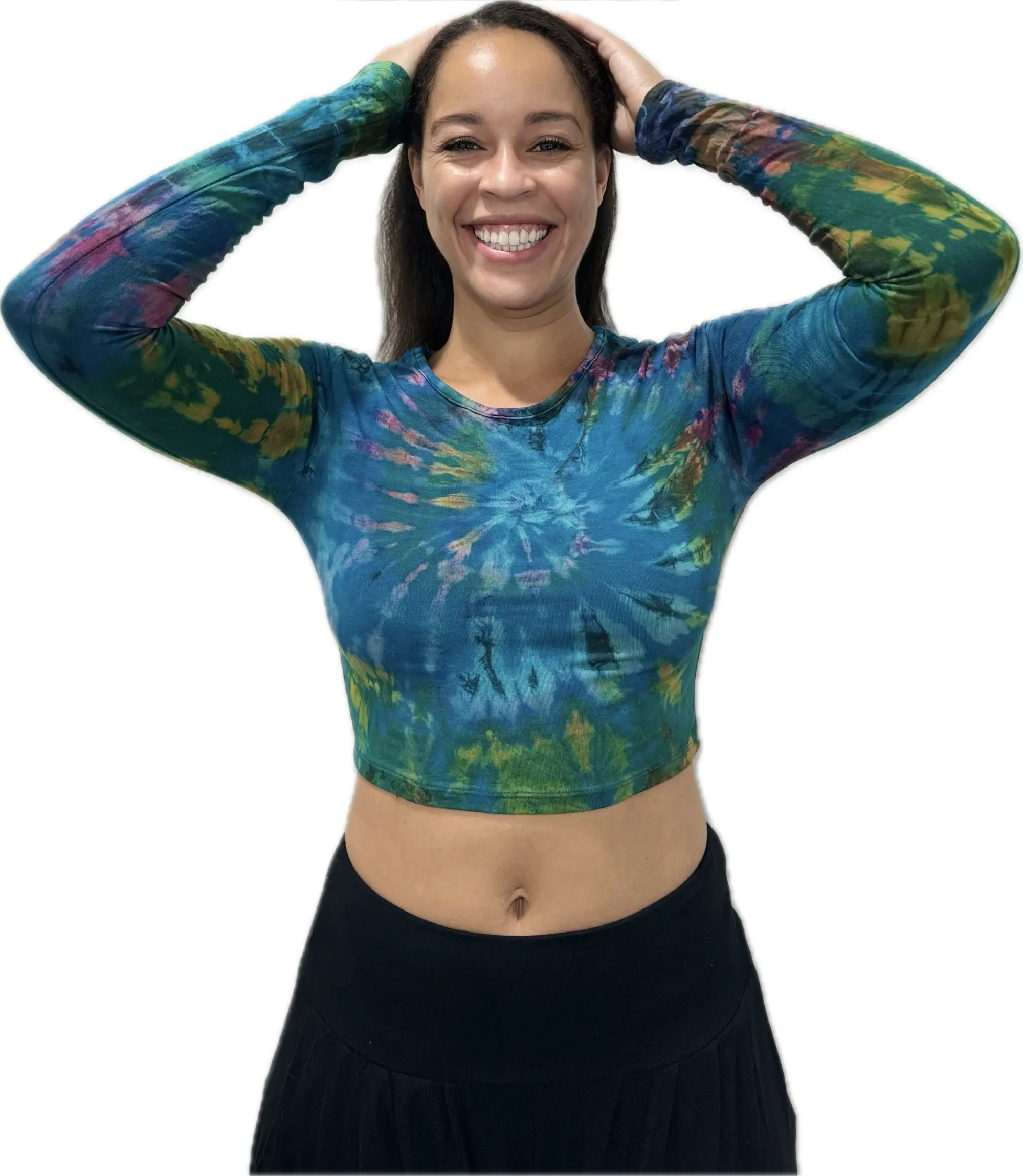 Top Long Sleeve crop top hippy blouse mudmee  reverse hand painted Tie Dye on silky soft Spandex Rayon blended fabric festival tee