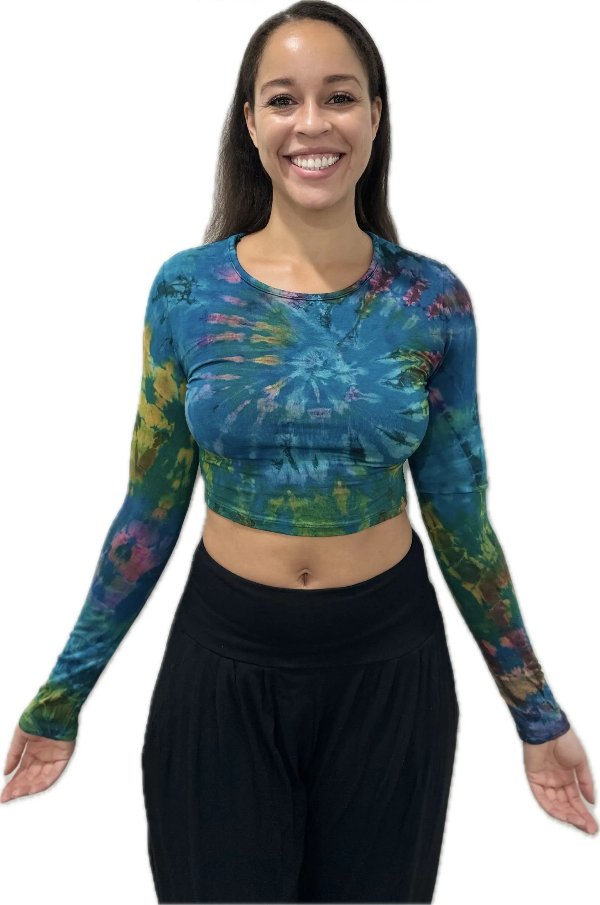 Top Long Sleeve crop top hippy blouse mudmee  reverse hand painted Tie Dye on silky soft Spandex Rayon blended fabric festival tee