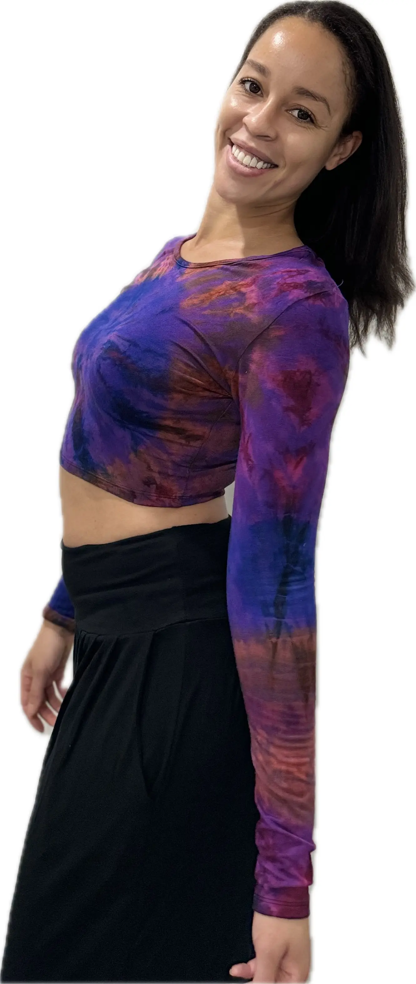 Top Long Sleeve crop top hippy blouse mudmee  reverse hand painted Tie Dye on silky soft Spandex Rayon blended fabric festival tee