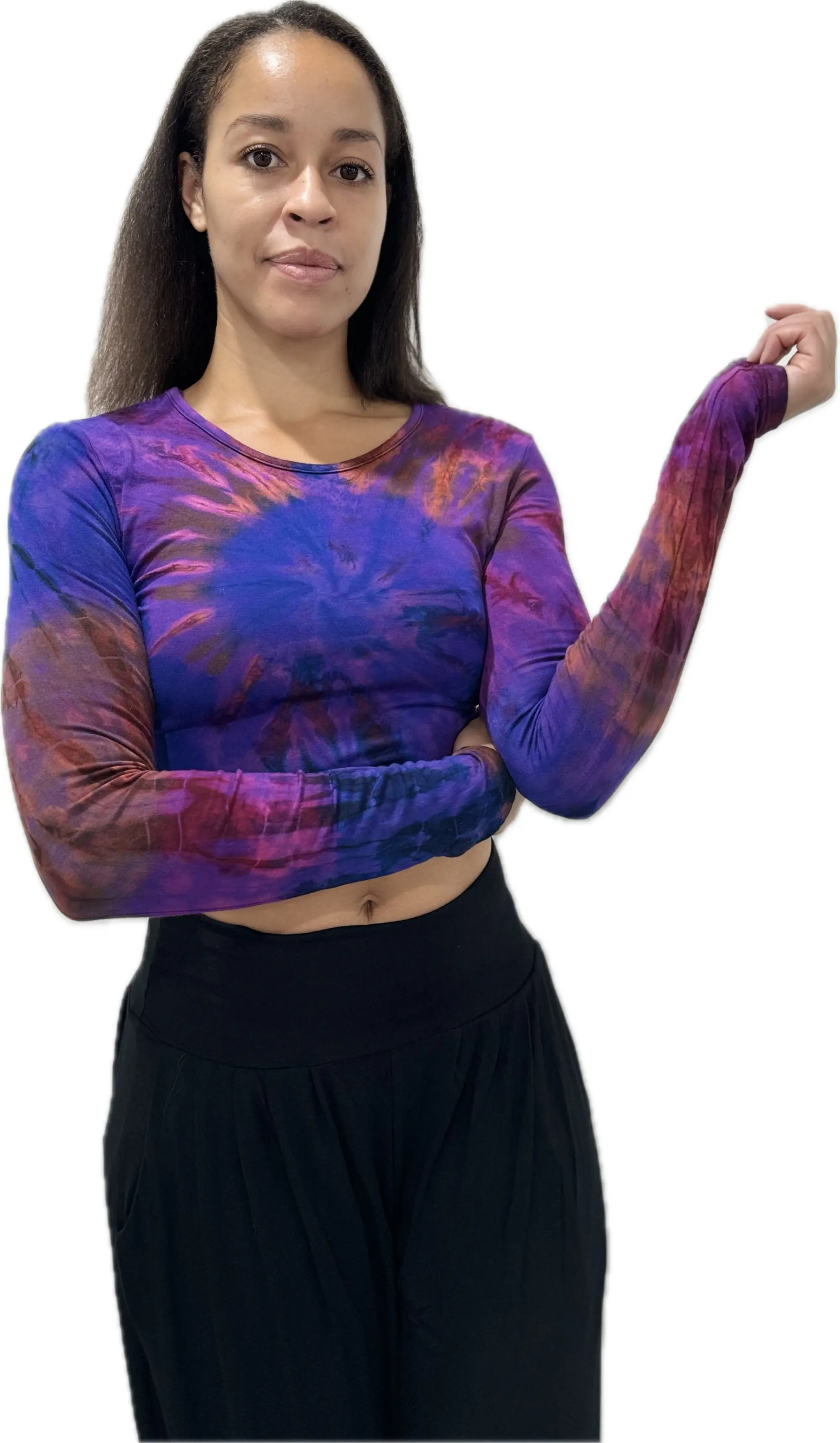 Top Long Sleeve crop top hippy blouse mudmee  reverse hand painted Tie Dye on silky soft Spandex Rayon blended fabric festival tee