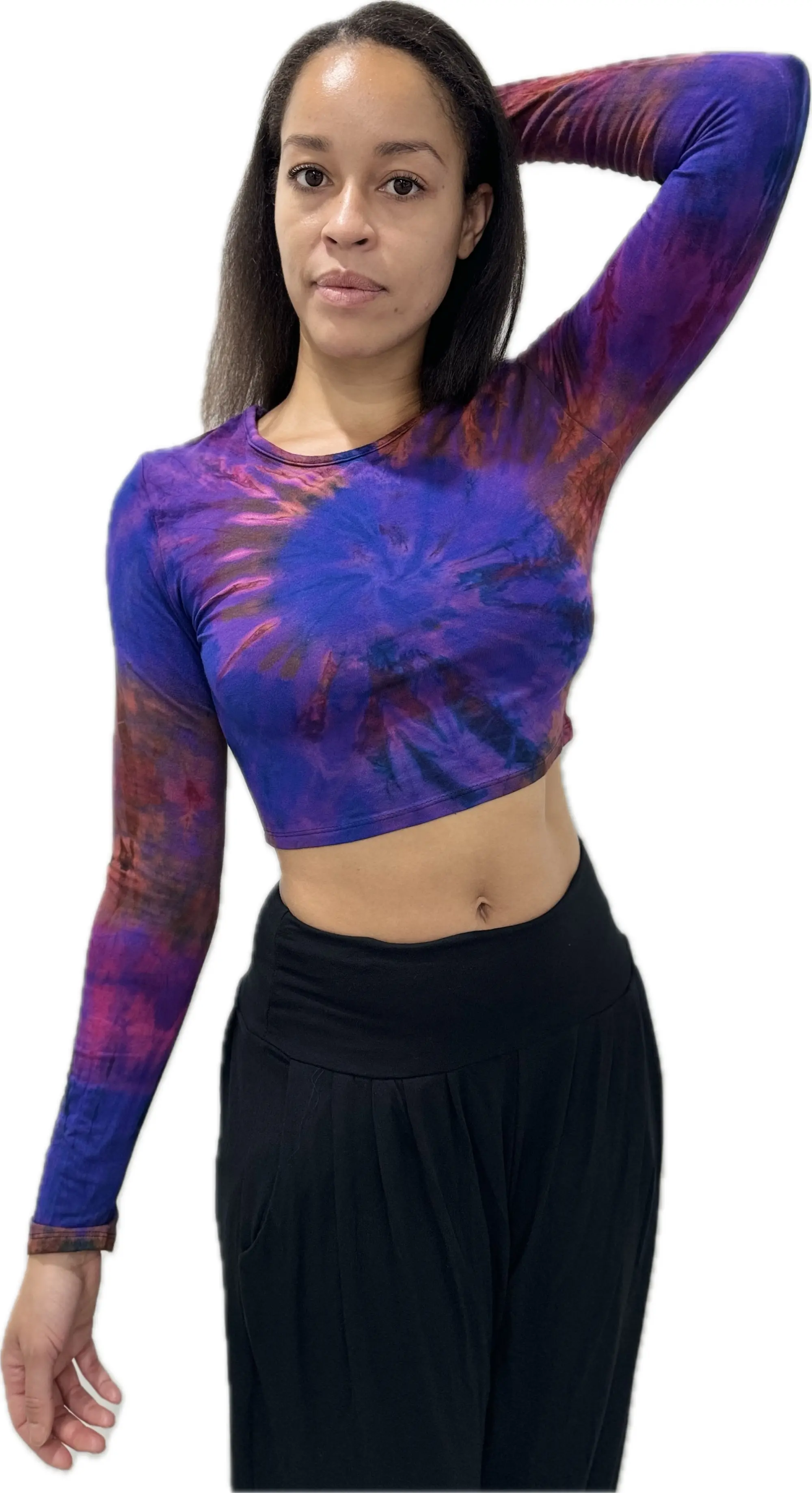 Top Long Sleeve crop top hippy blouse mudmee  reverse hand painted Tie Dye on silky soft Spandex Rayon blended fabric festival tee