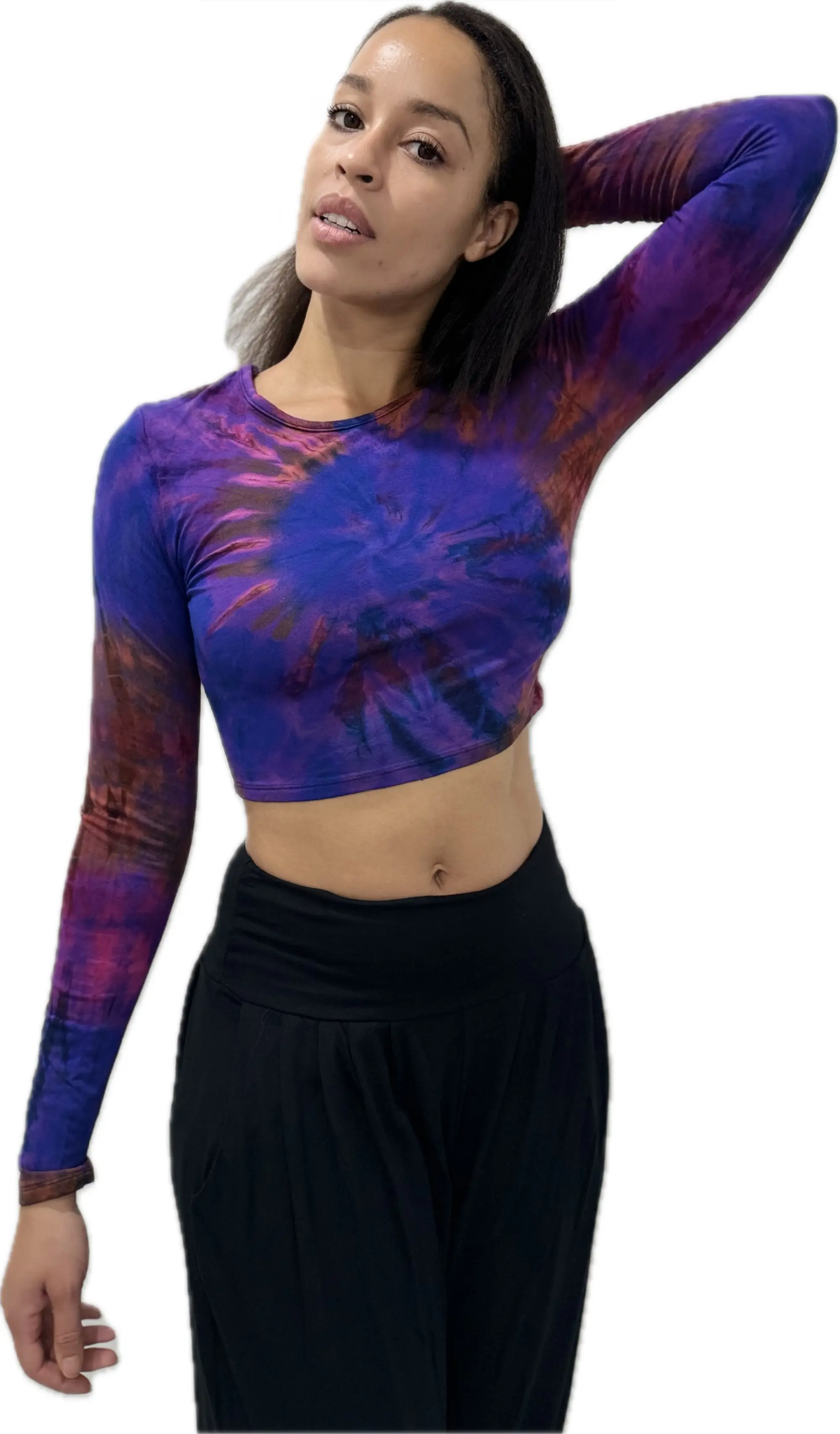Top Long Sleeve crop top hippy blouse mudmee  reverse hand painted Tie Dye on silky soft Spandex Rayon blended fabric festival tee