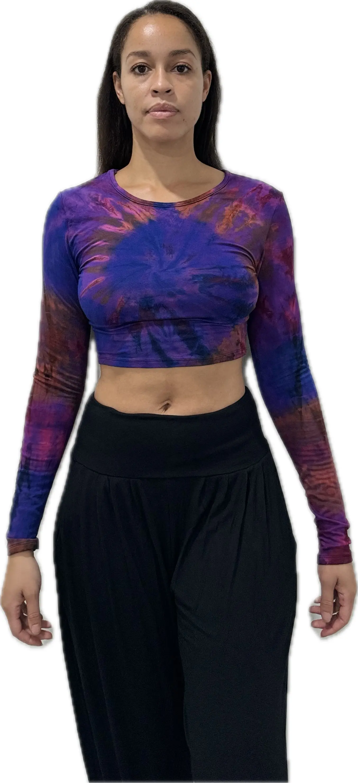 Top Long Sleeve crop top hippy blouse mudmee  reverse hand painted Tie Dye on silky soft Spandex Rayon blended fabric festival tee
