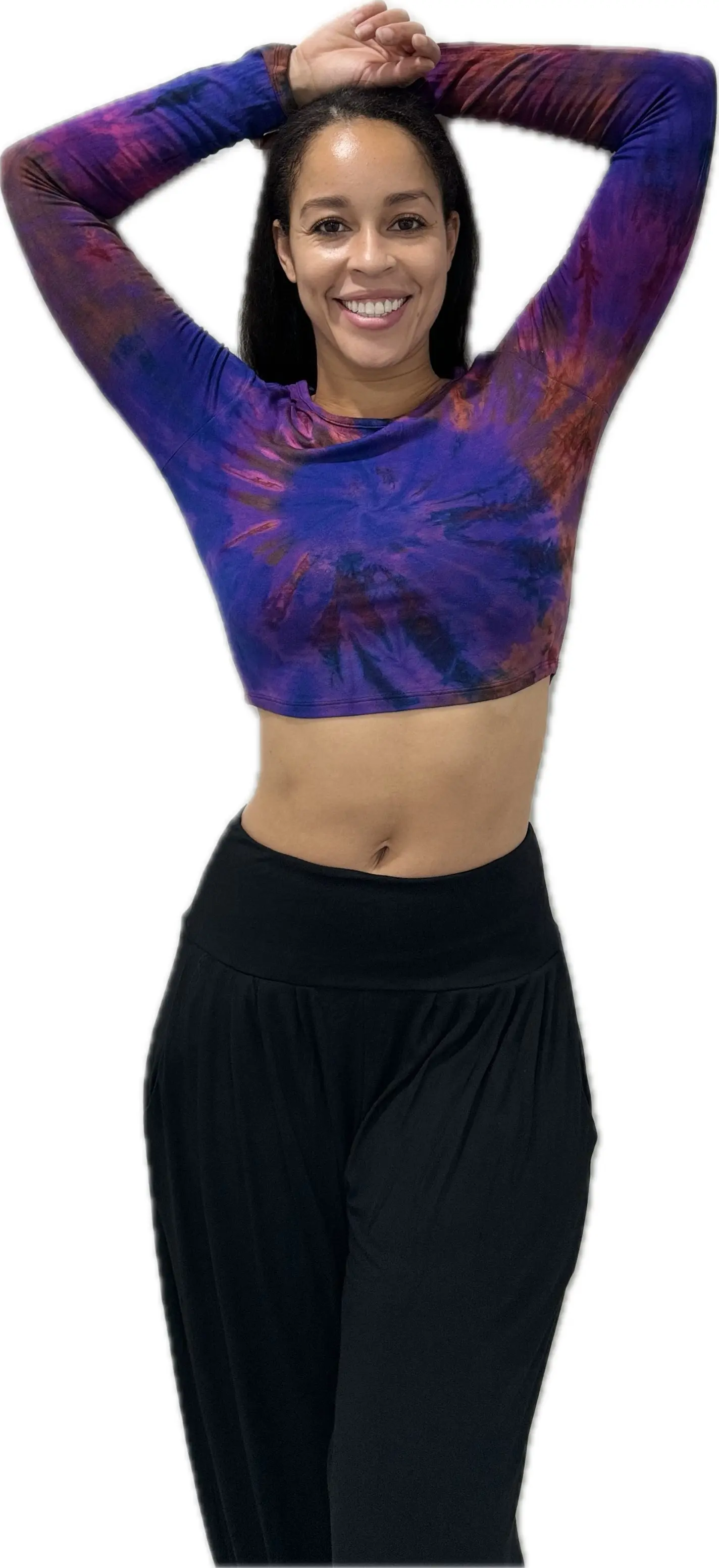 Top Long Sleeve crop top hippy blouse mudmee  reverse hand painted Tie Dye on silky soft Spandex Rayon blended fabric festival tee