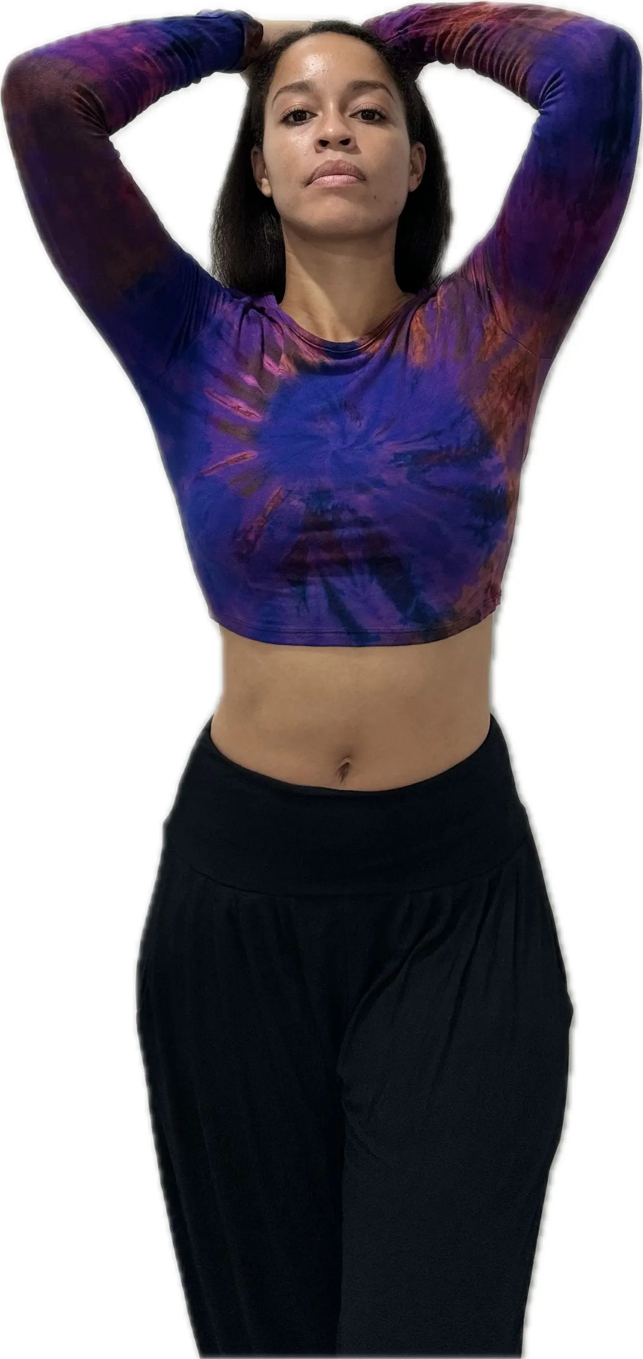 Top Long Sleeve crop top hippy blouse mudmee  reverse hand painted Tie Dye on silky soft Spandex Rayon blended fabric festival tee