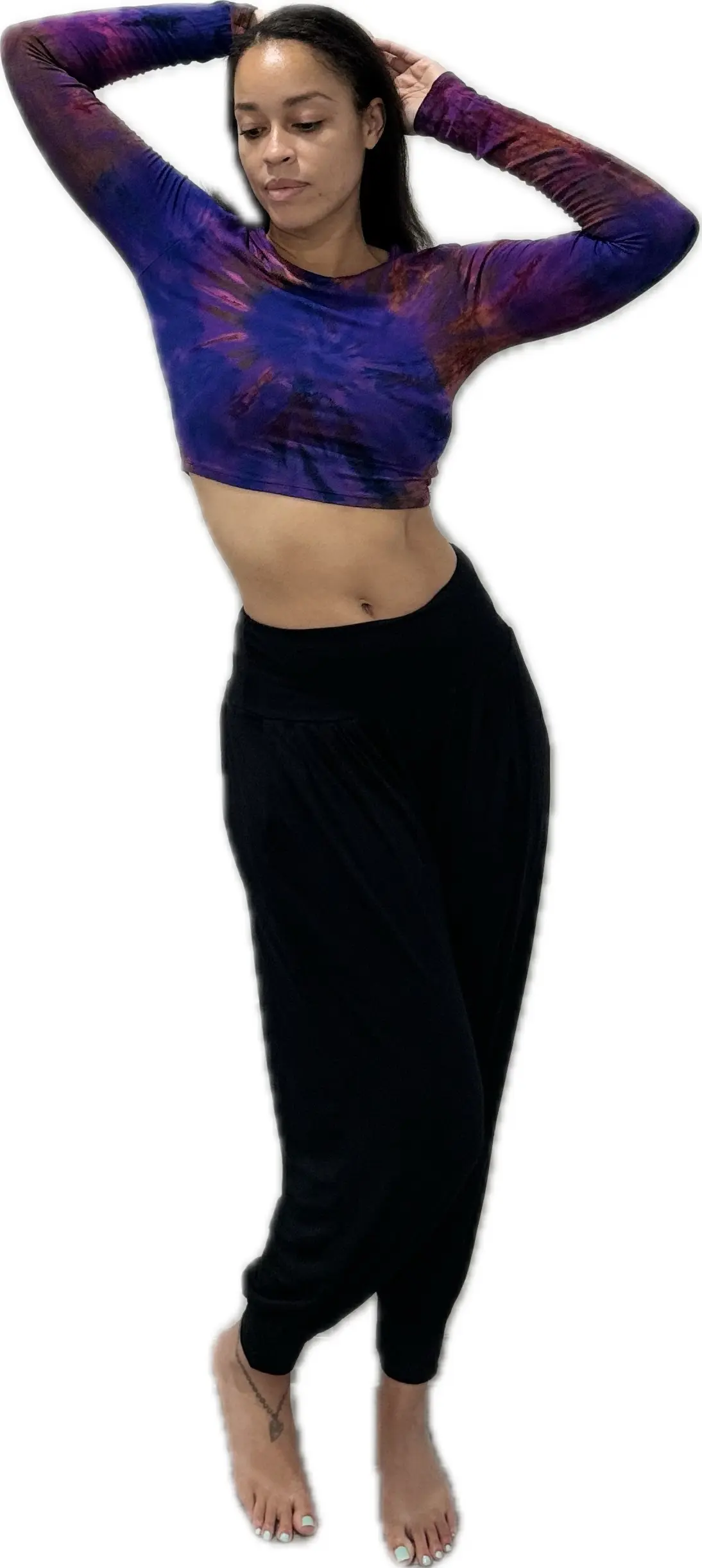 Top Long Sleeve crop top hippy blouse mudmee  reverse hand painted Tie Dye on silky soft Spandex Rayon blended fabric festival tee