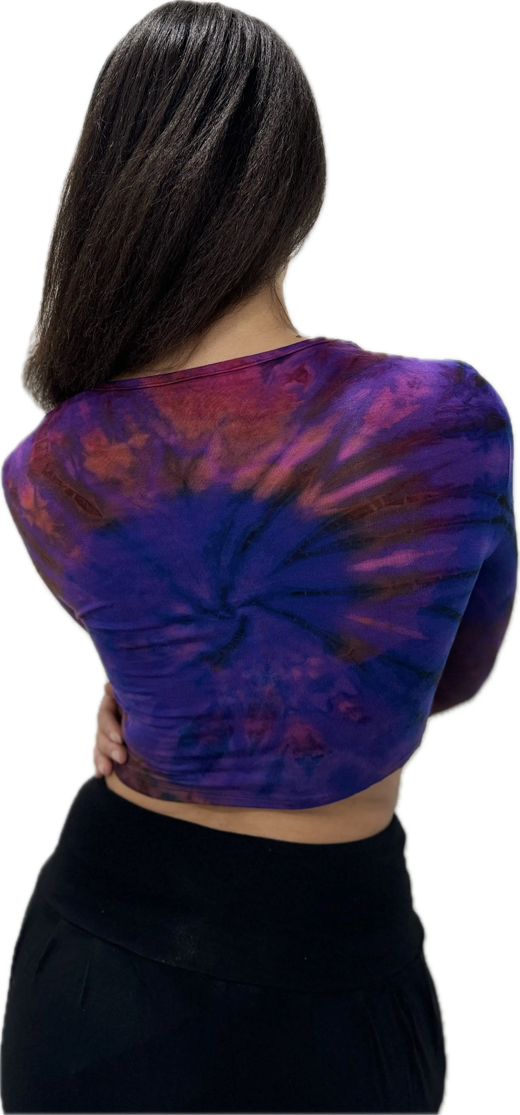 Top Long Sleeve crop top hippy blouse mudmee  reverse hand painted Tie Dye on silky soft Spandex Rayon blended fabric festival tee