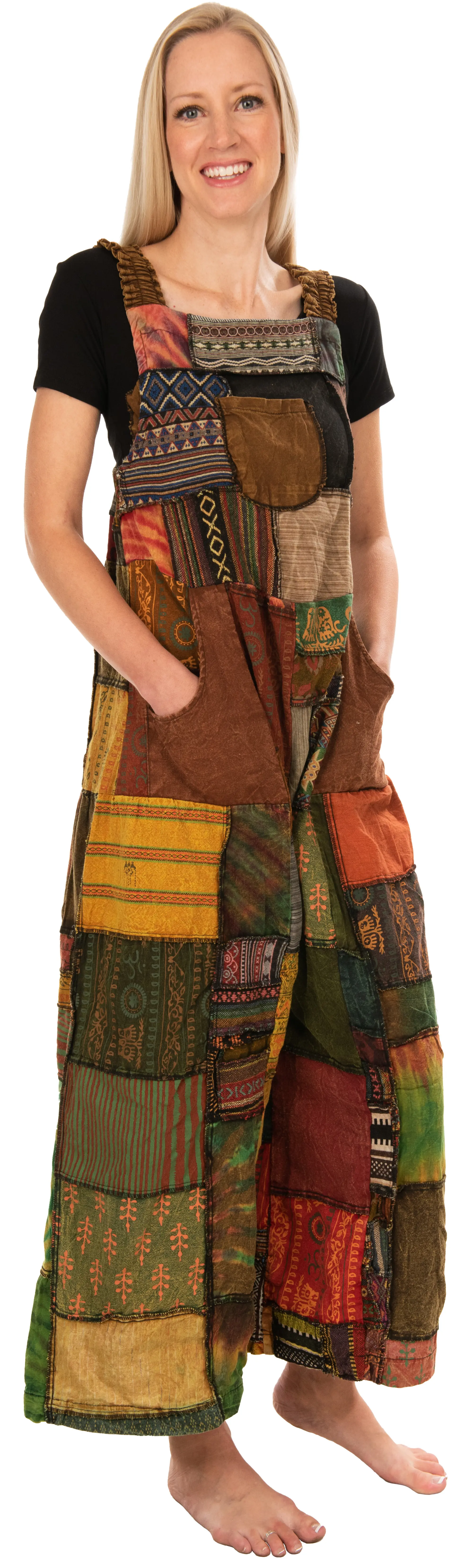Patchwork Jumpsuit with Wide-Leg  Overalls With Pockets and Adjustable Straps Pants  Wide Leg Pants Hippie Pants  Patchwork Pants