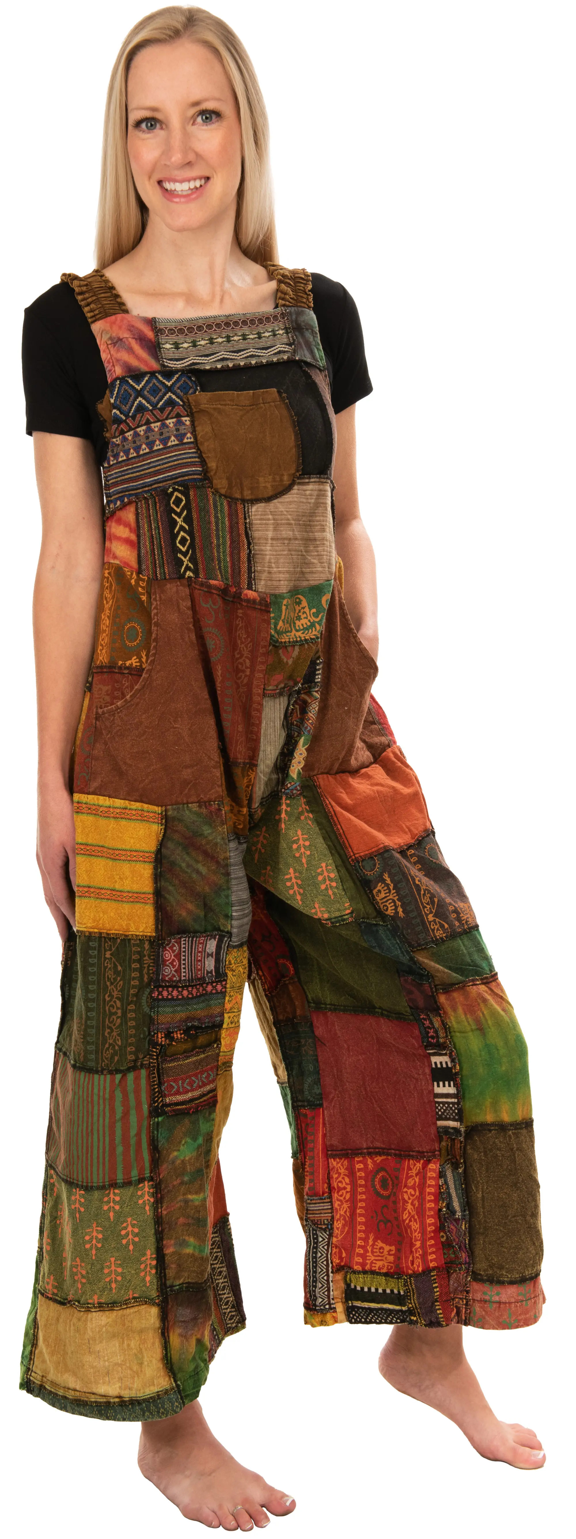 Patchwork Jumpsuit with Wide-Leg  Overalls With Pockets and Adjustable Straps Pants  Wide Leg Pants Hippie Pants  Patchwork Pants