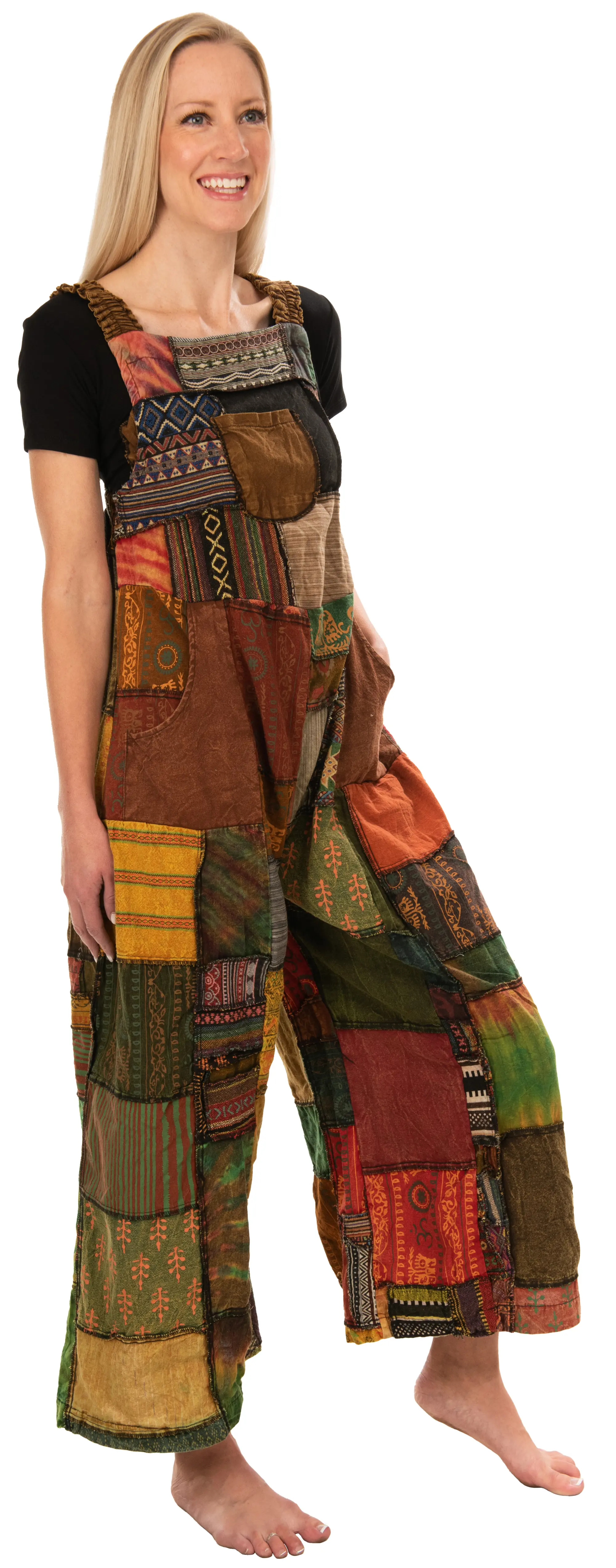 Patchwork Jumpsuit with Wide-Leg  Overalls With Pockets and Adjustable Straps Pants  Wide Leg Pants Hippie Pants  Patchwork Pants