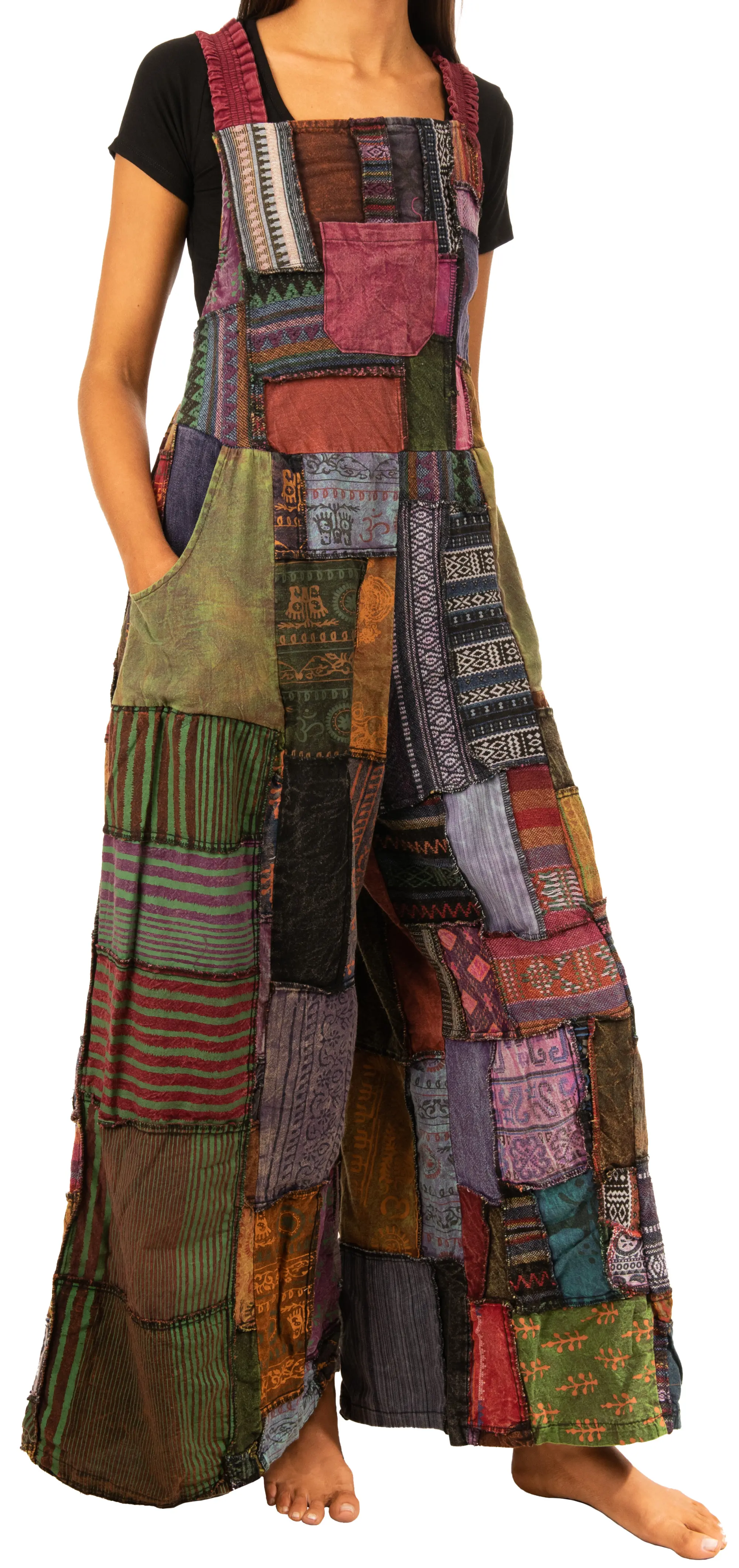 Patchwork Jumpsuit with Wide-Leg  Overalls With Pockets and Adjustable Straps Pants  Wide Leg Pants Hippie Pants  Patchwork Pants