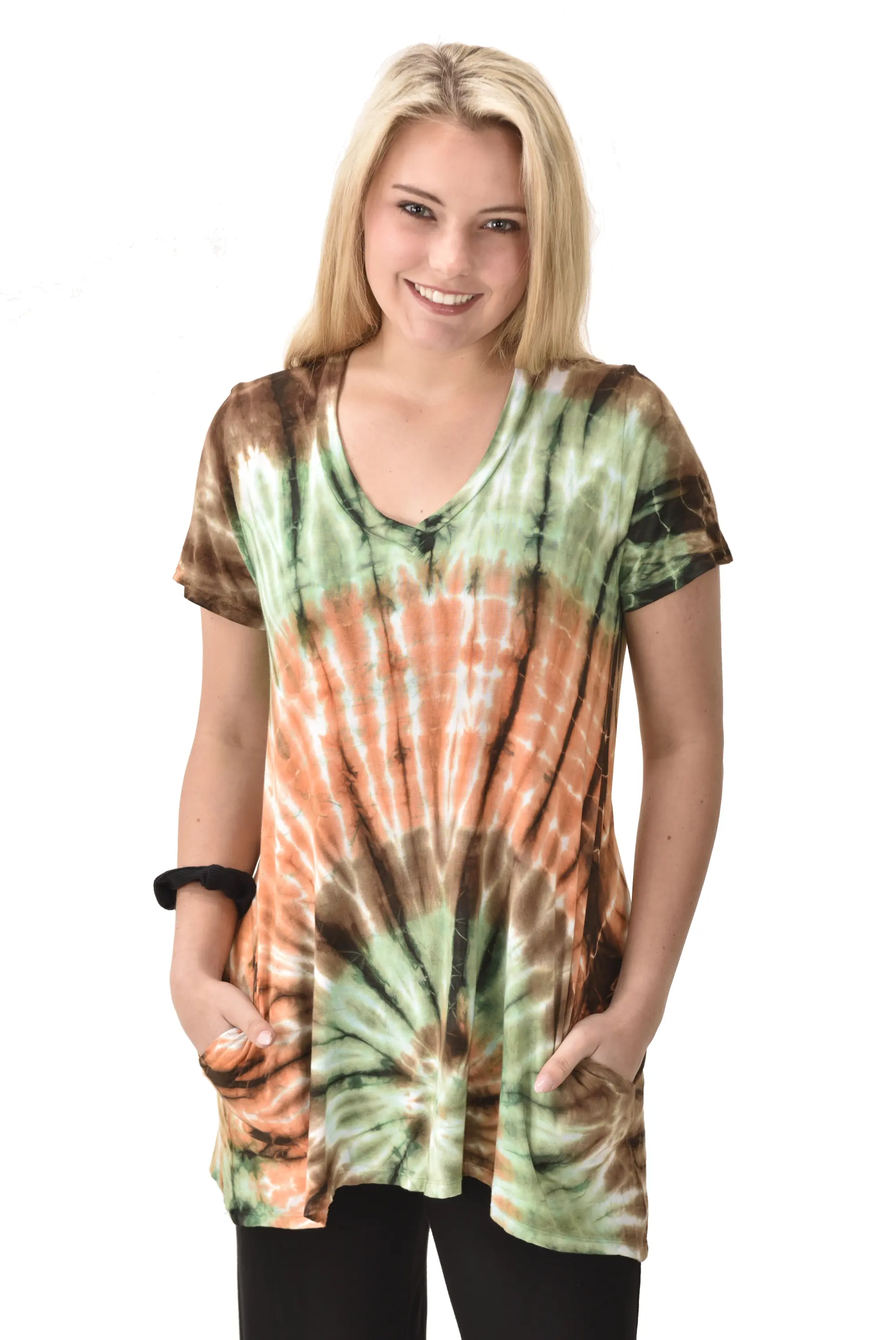 Top V Neck Short Sleeve Dress/Blouse Mudmee Ikat style reverse tie dye on Rayon Spandex fabric boho chic hippie festival Top Dress combo