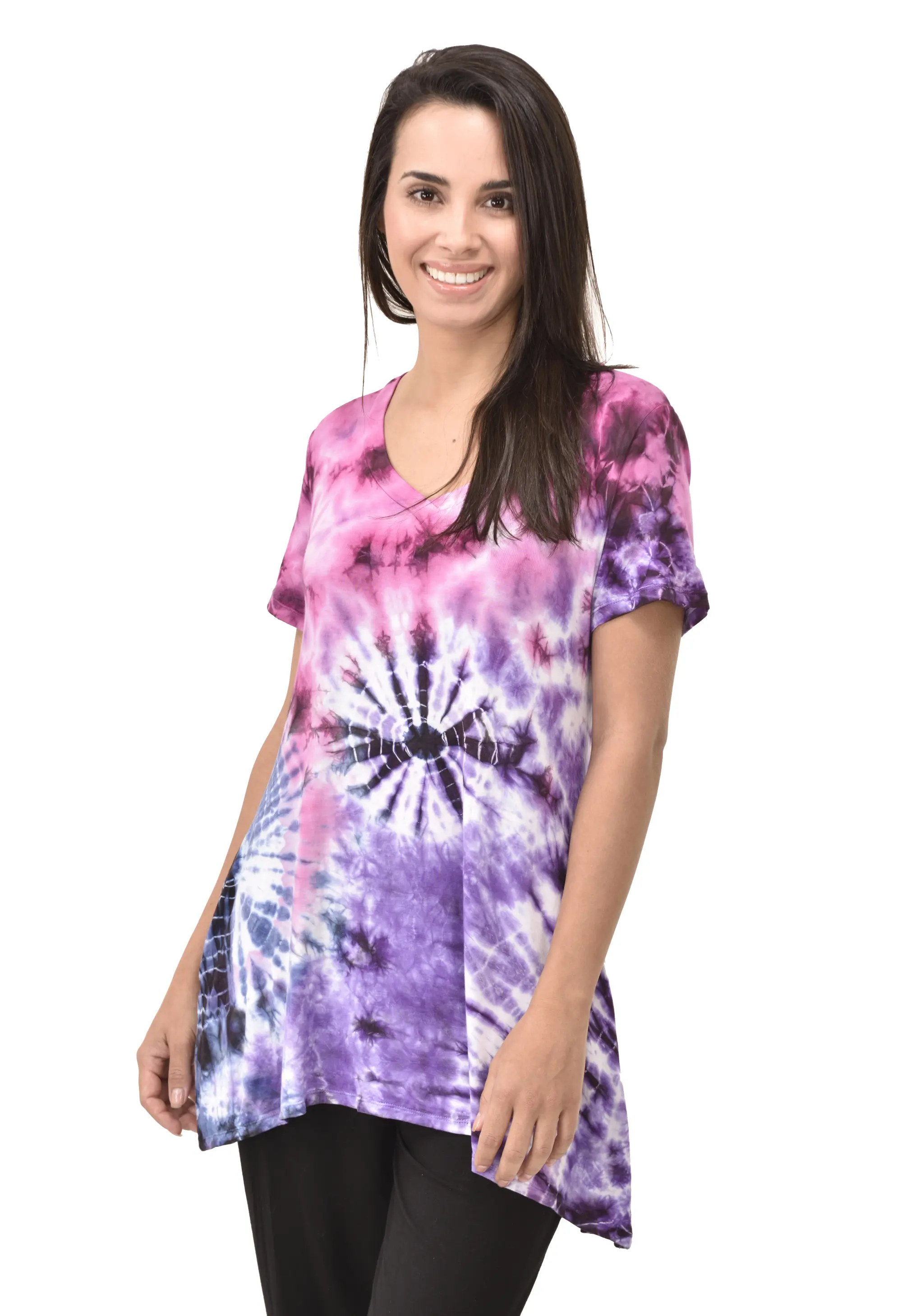 Top V Neck Short Sleeve Dress/Blouse Mudmee Ikat style reverse tie dye on Rayon Spandex fabric boho chic hippie festival Top Dress combo