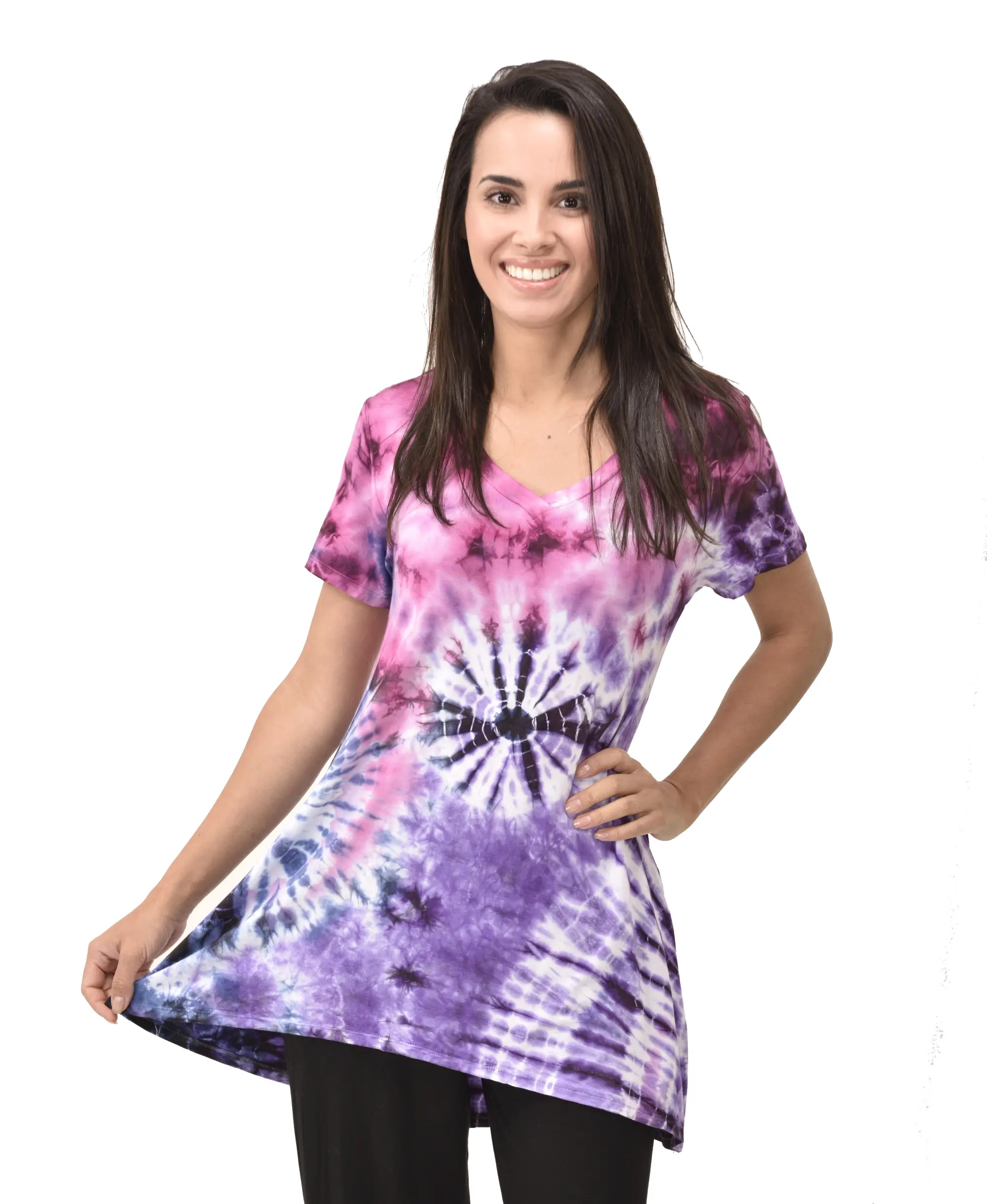 Top V Neck Short Sleeve Dress/Blouse Mudmee Ikat style reverse tie dye on Rayon Spandex fabric boho chic hippie festival Top Dress combo