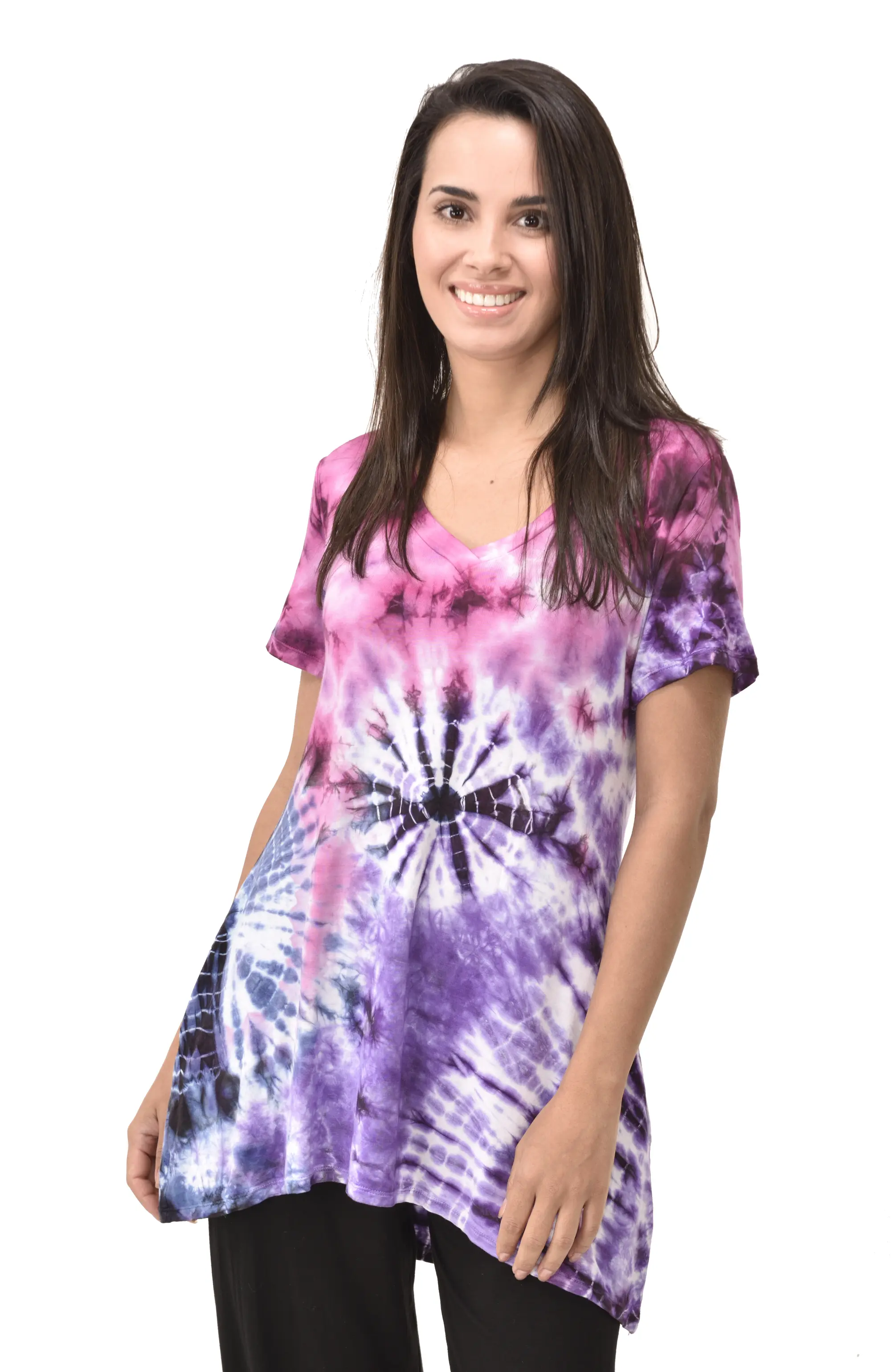 Top V Neck Short Sleeve Dress/Blouse Mudmee Ikat style reverse tie dye on Rayon Spandex fabric boho chic hippie festival Top Dress combo
