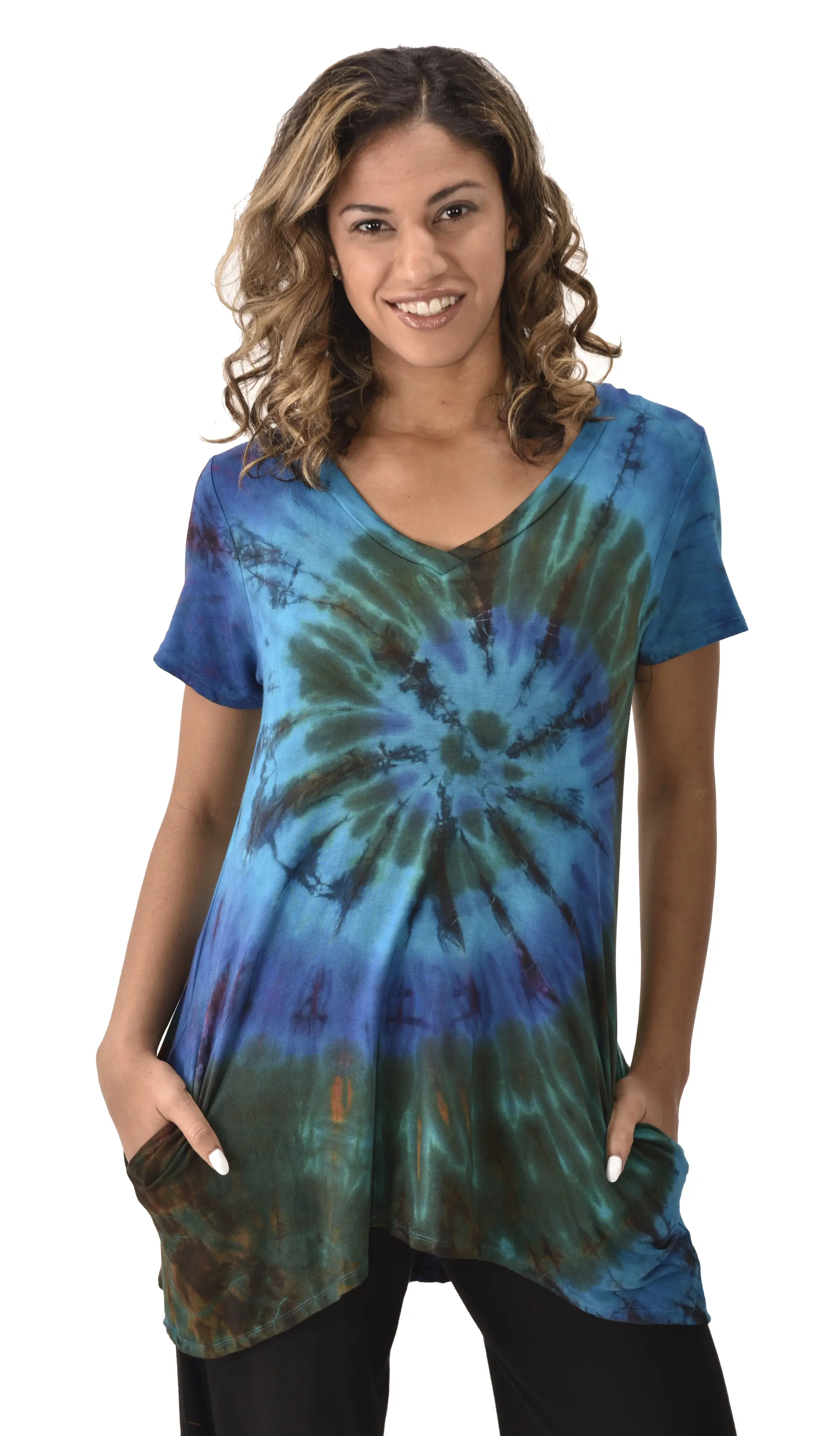 Top V Neck Short Sleeve Dress/Blouse Mudmee Ikat style reverse tie dye on Rayon Spandex fabric boho chic hippie festival Top Dress combo