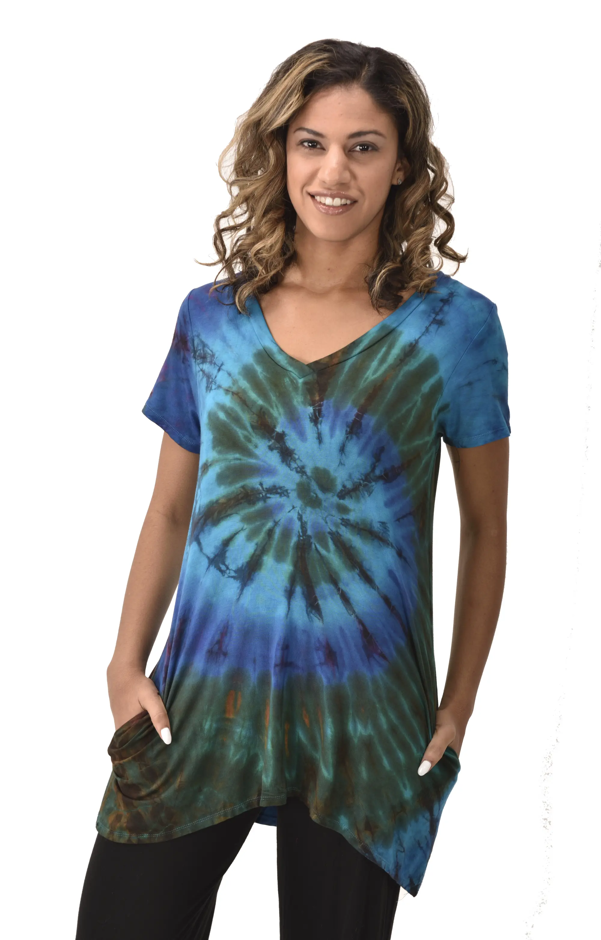 Top V Neck Short Sleeve Dress/Blouse Mudmee Ikat style reverse tie dye on Rayon Spandex fabric boho chic hippie festival Top Dress combo