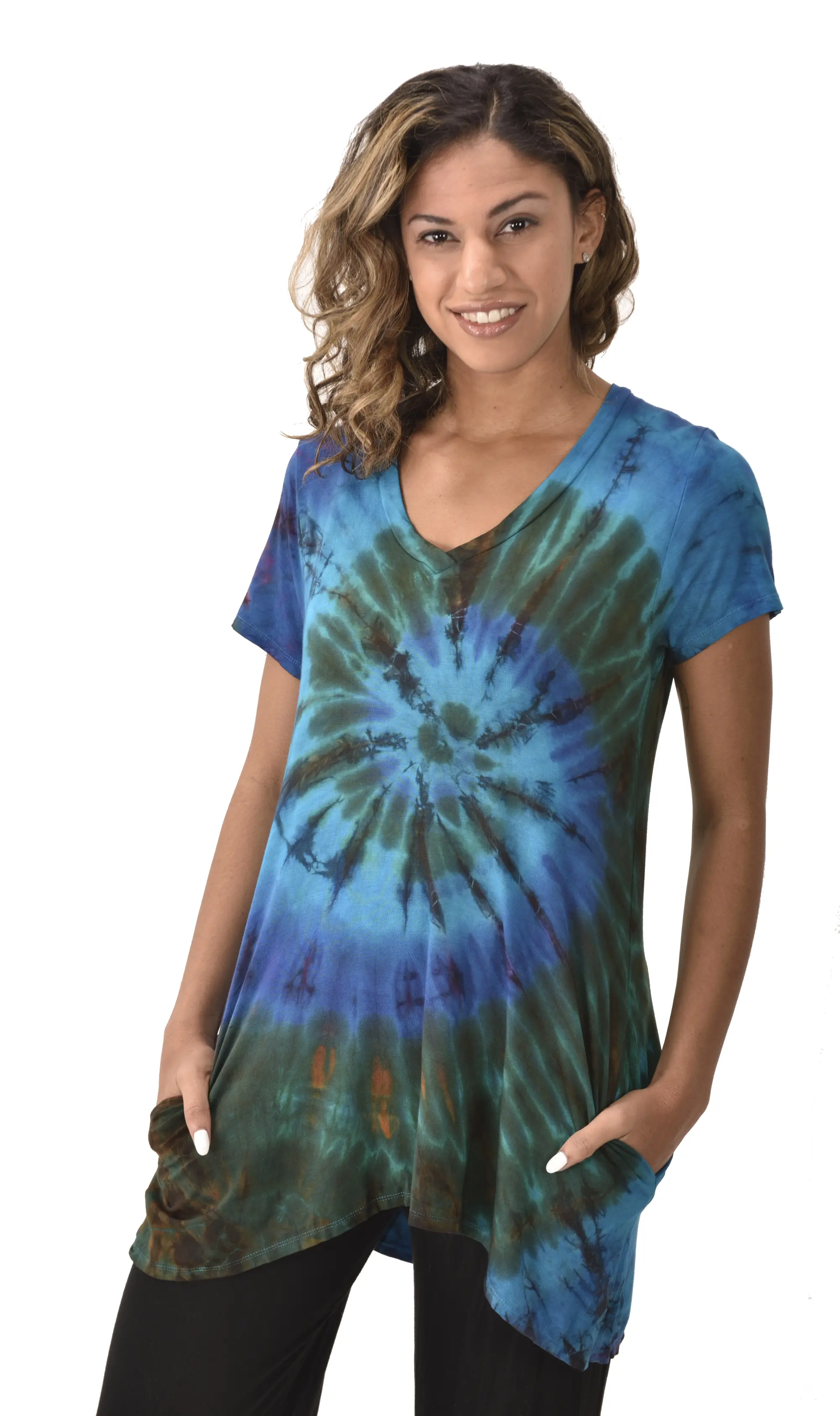 Top V Neck Short Sleeve Dress/Blouse Mudmee Ikat style reverse tie dye on Rayon Spandex fabric boho chic hippie festival Top Dress combo