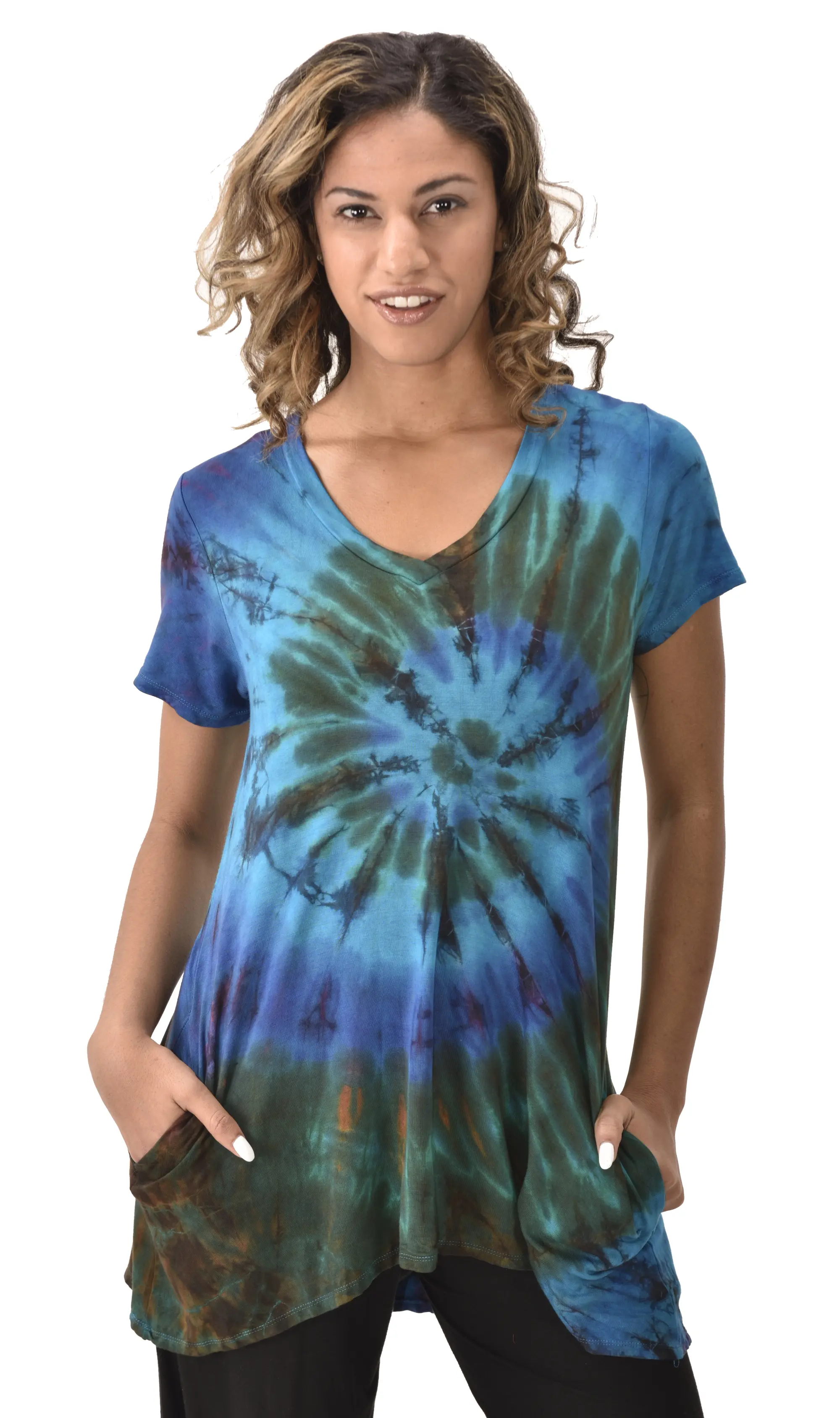 Top V Neck Short Sleeve Dress/Blouse Mudmee Ikat style reverse tie dye on Rayon Spandex fabric boho chic hippie festival Top Dress combo