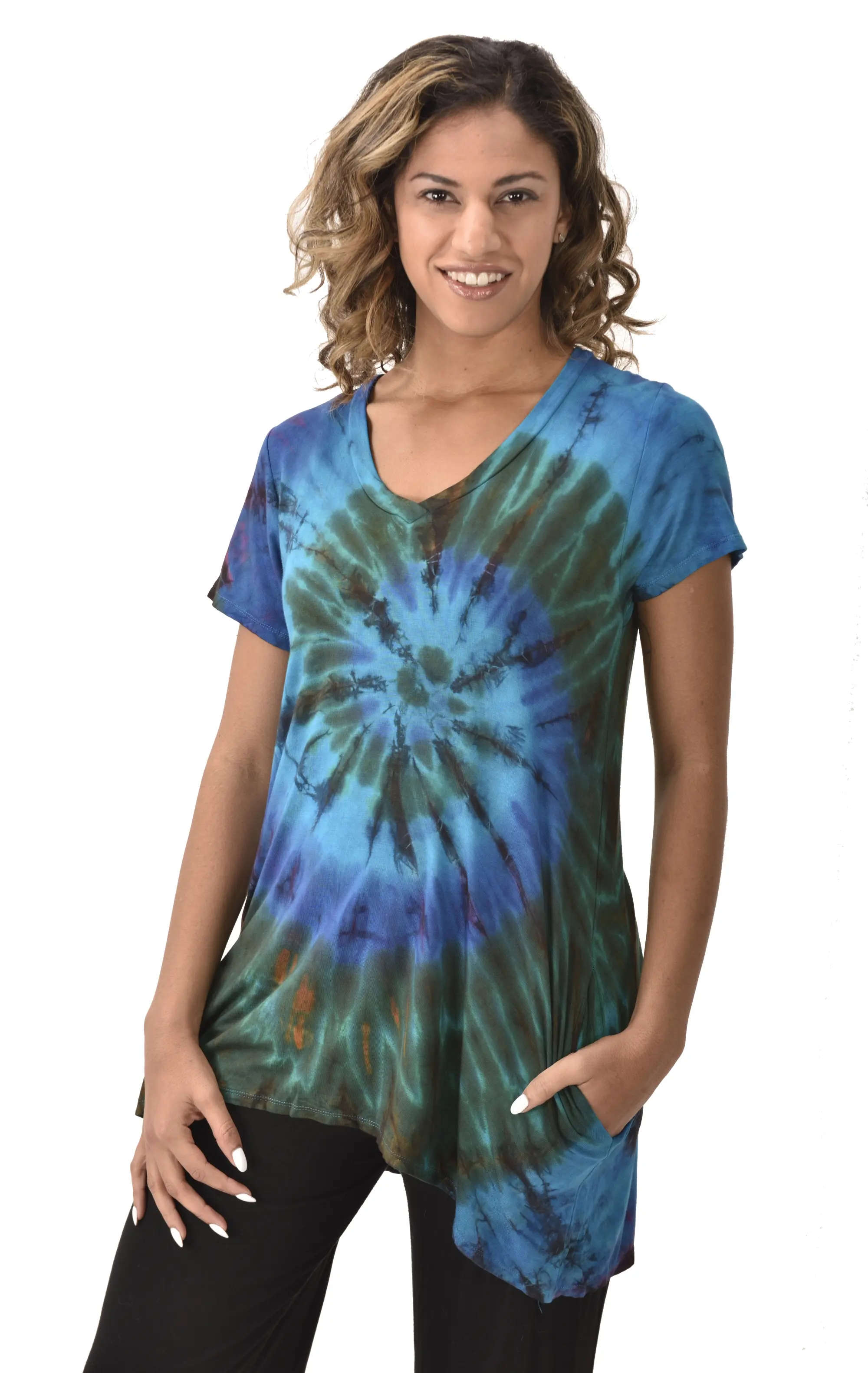 Top V Neck Short Sleeve Dress/Blouse Mudmee Ikat style reverse tie dye on Rayon Spandex fabric boho chic hippie festival Top Dress combo